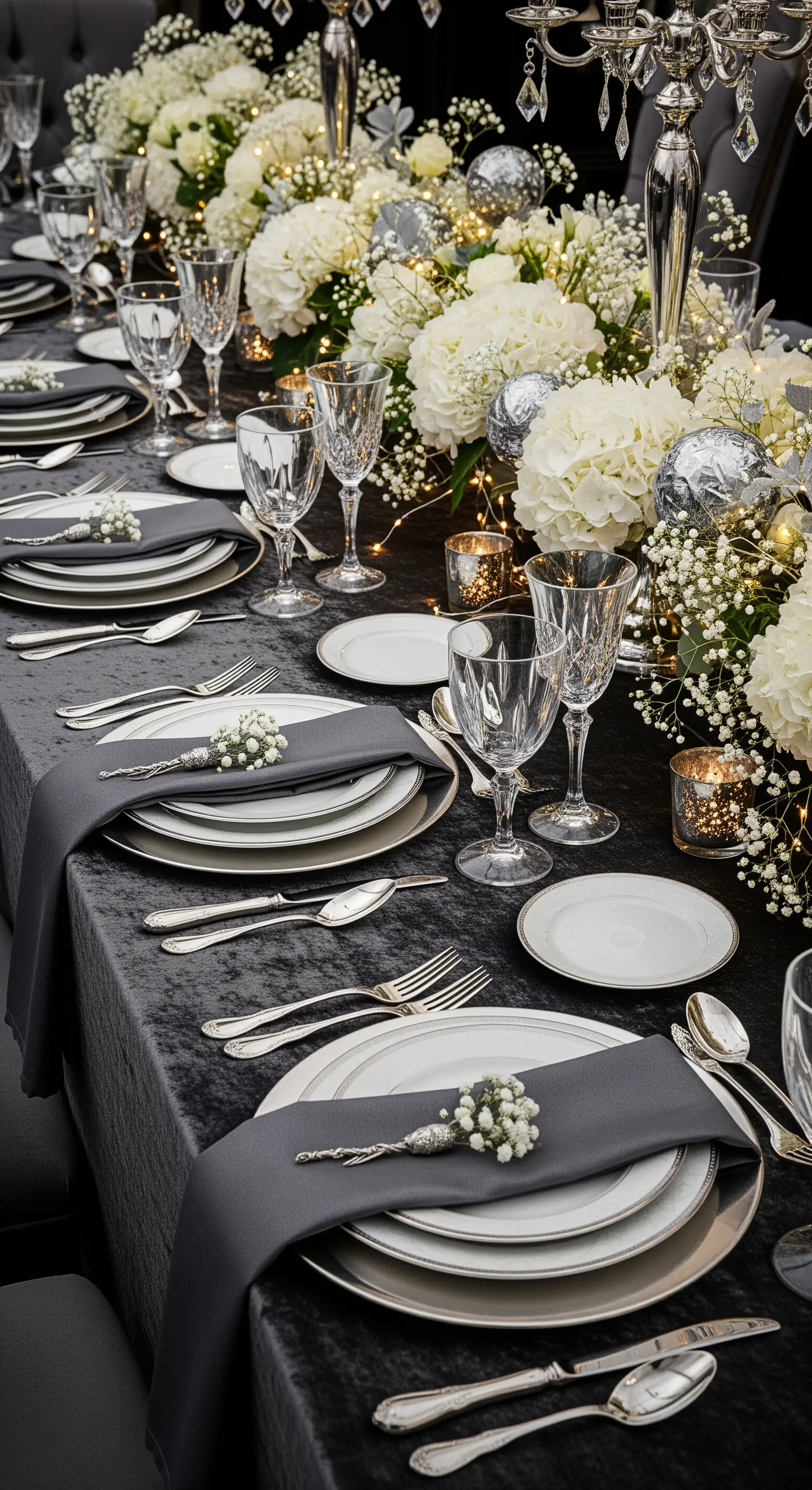 Tavola di lusso con tovaglia in velluto grigio, ortensie bianche e bicchieri in cristallo.