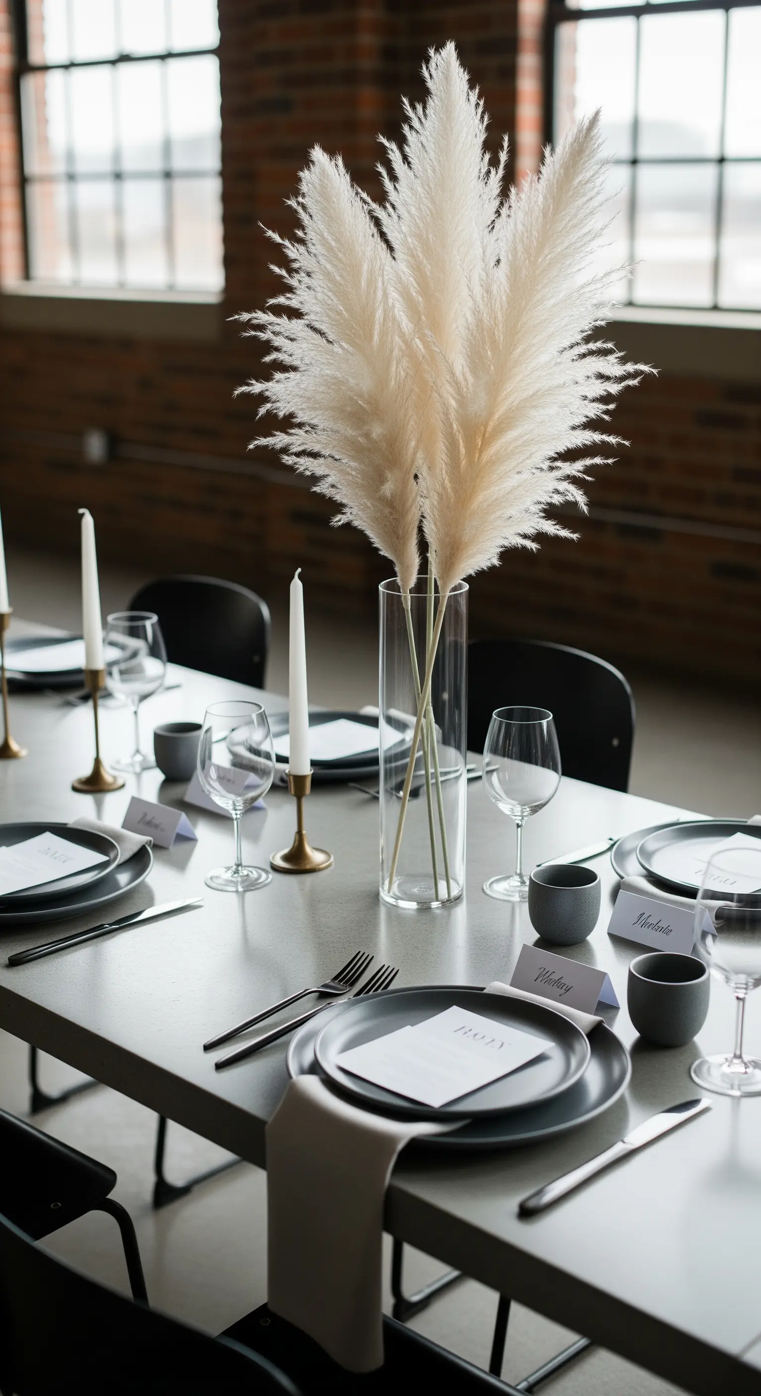 Tavola moderna con piatti grigi, sedie nere e un alto centrotavola di erba della Pampa.