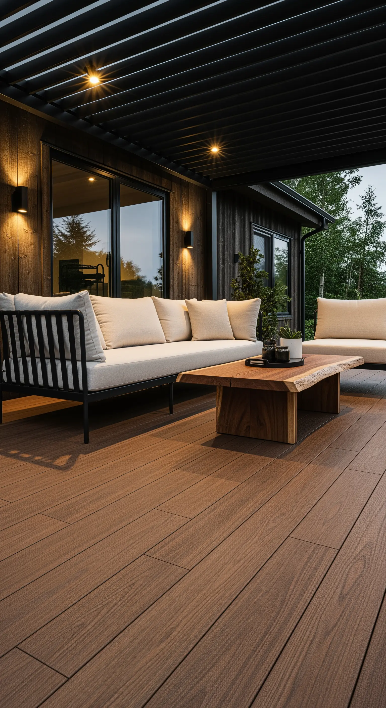 Patio con pergola in metallo nero, divani chiari e tavolino in legno massiccio.