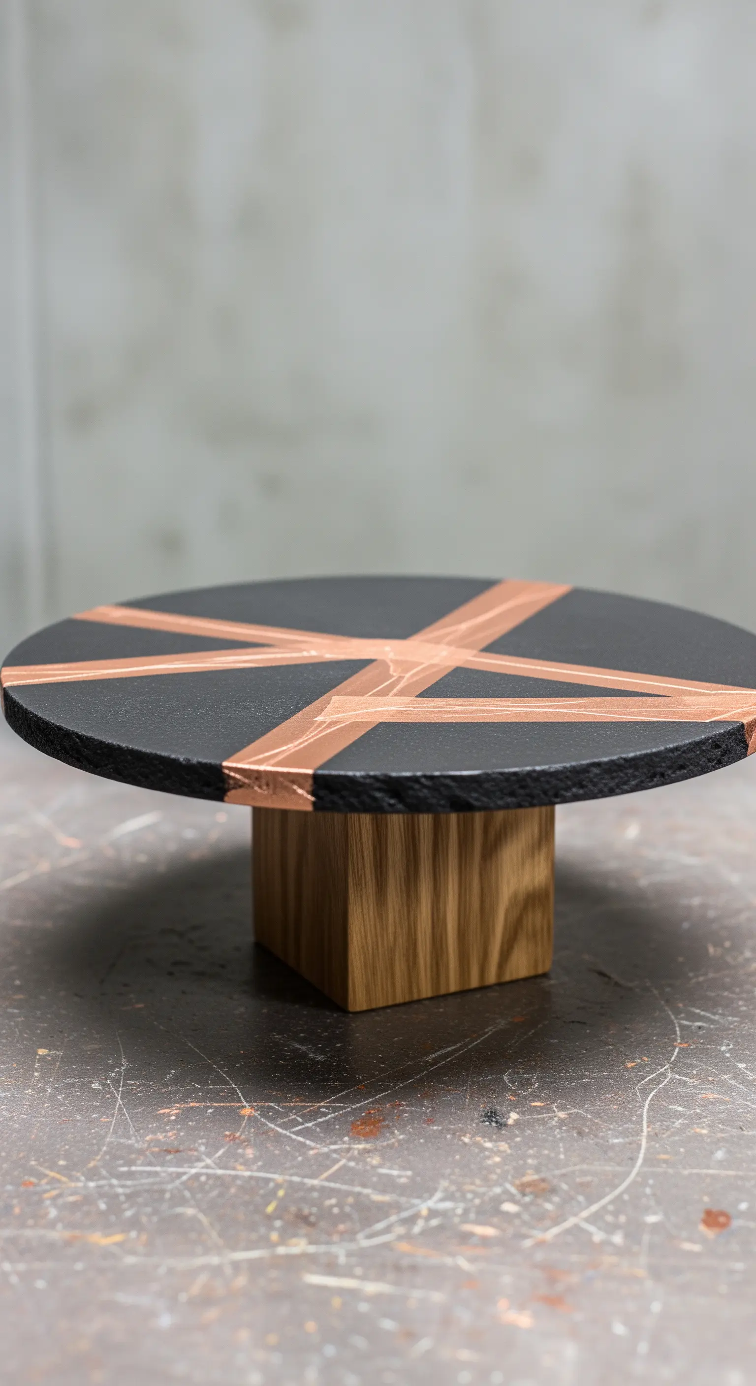 Alzata per dolci nera con base in legno e decorazioni geometriche in nastro di rame