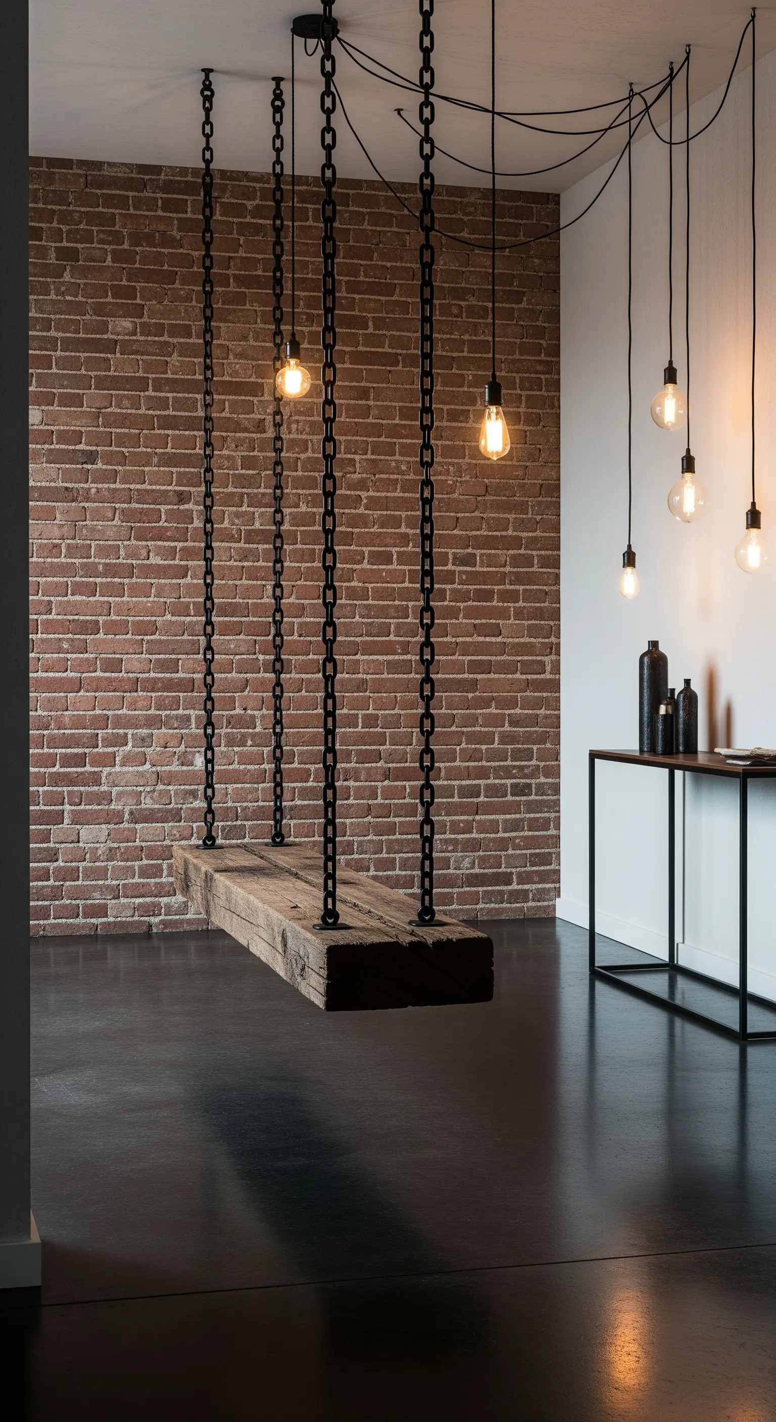 Panca sospesa in legno grezzo con catene nere industriali e muro di mattoni.