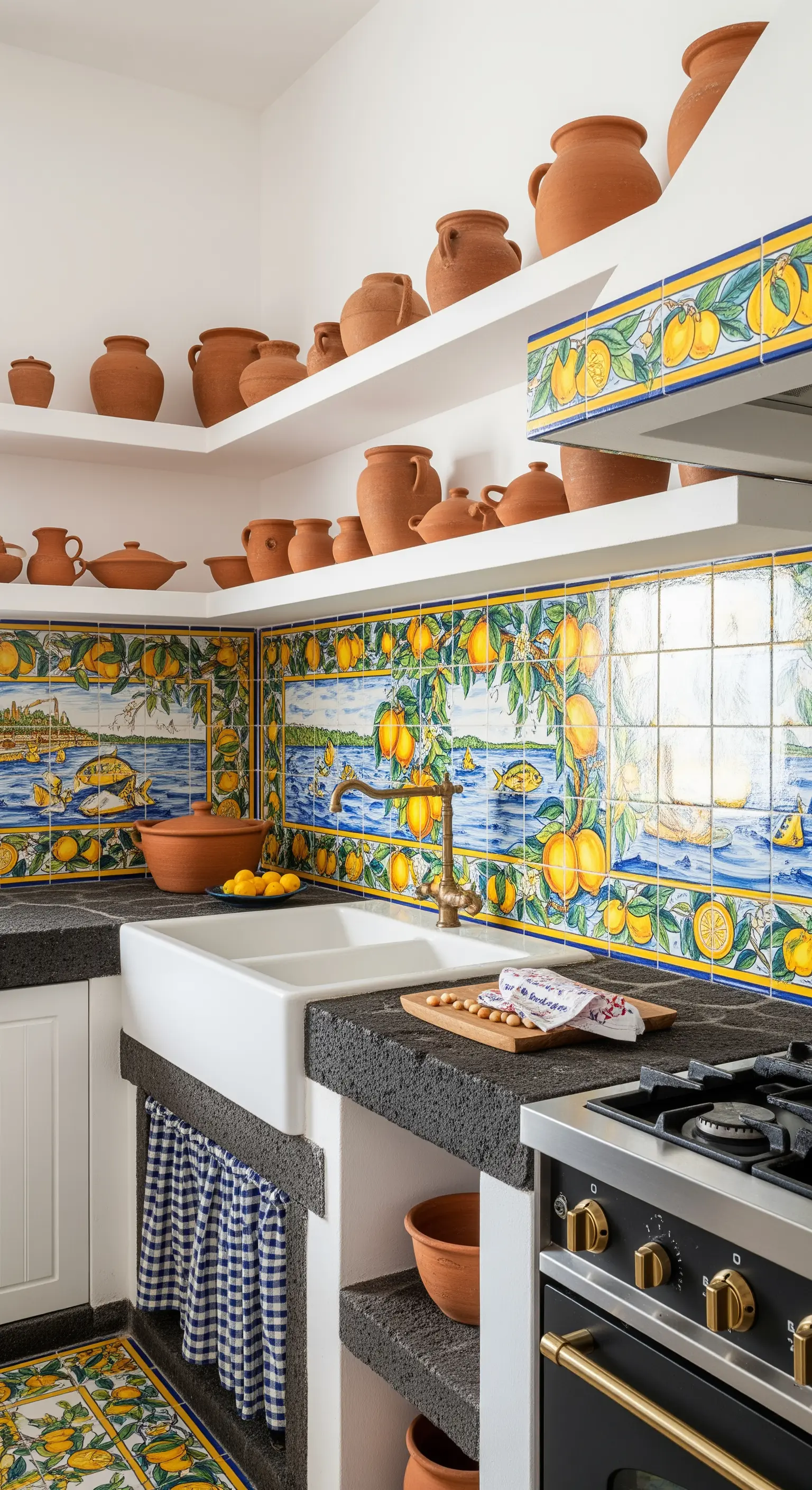Cucina con paraschizzi a tema agrumi, top in pietra lavica scura e vasi in terracotta.