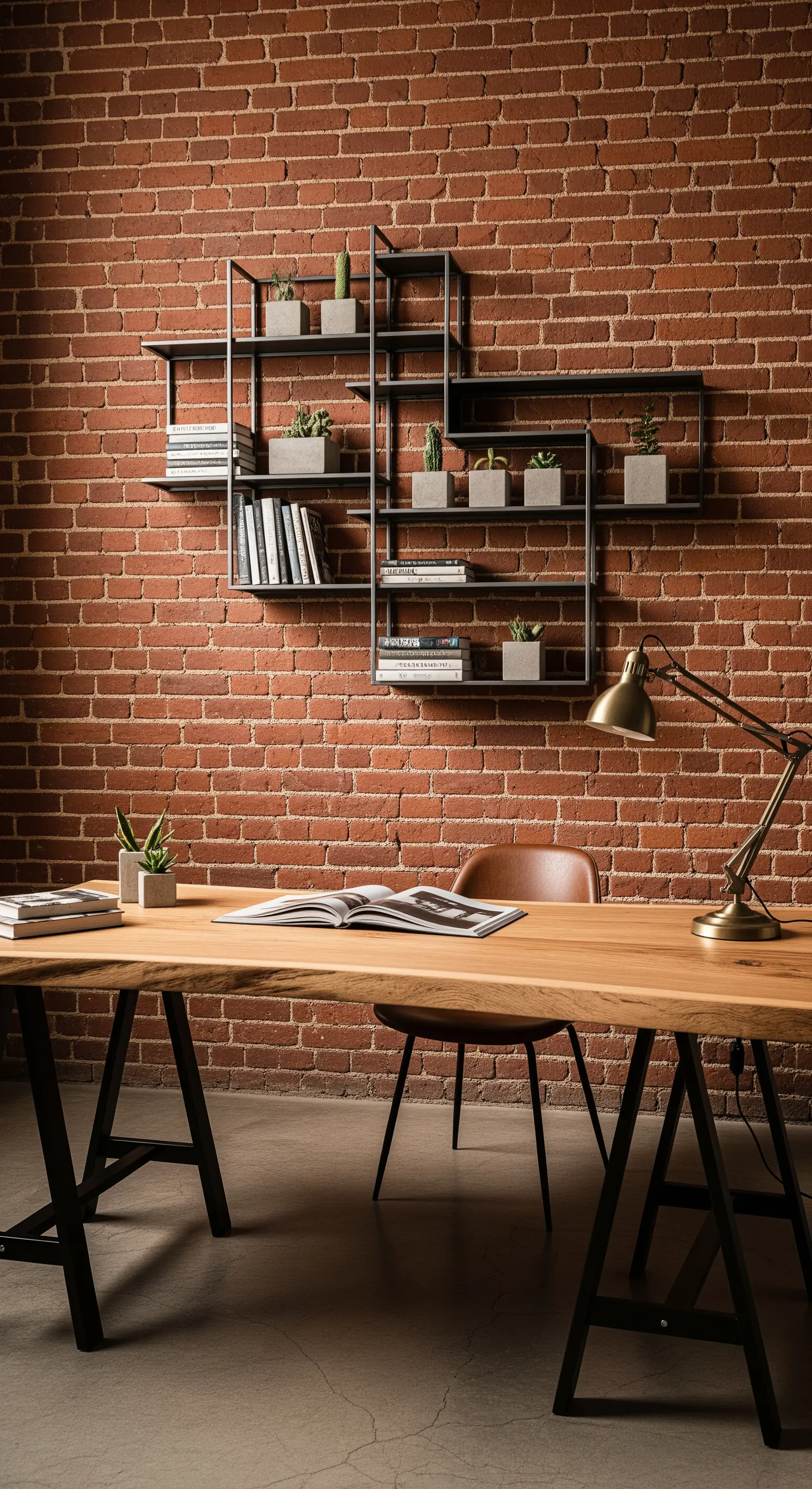 Scrivania in legno grezzo e mensola geometrica in metallo nero su parete di mattoni a vista.