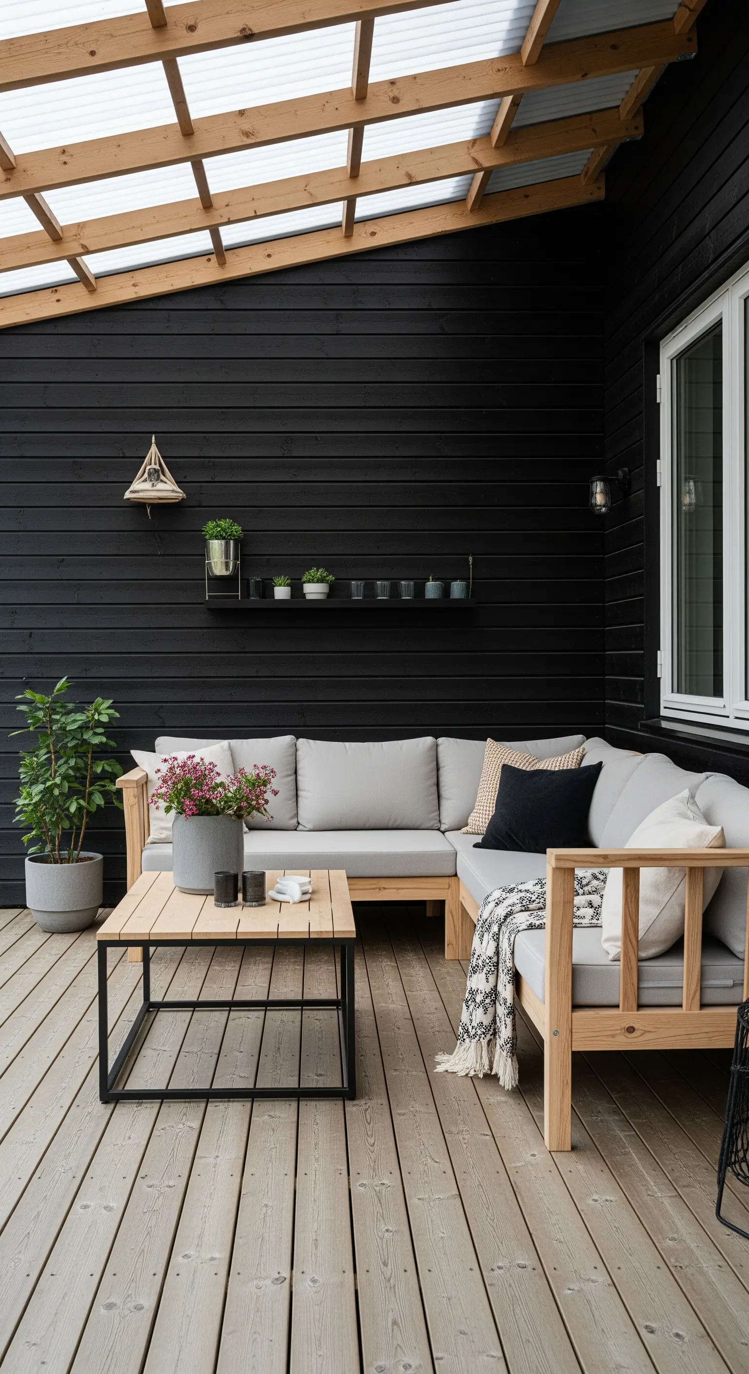 Patio con parete nera, divano a L in legno chiaro e tavolino con base in metallo nero