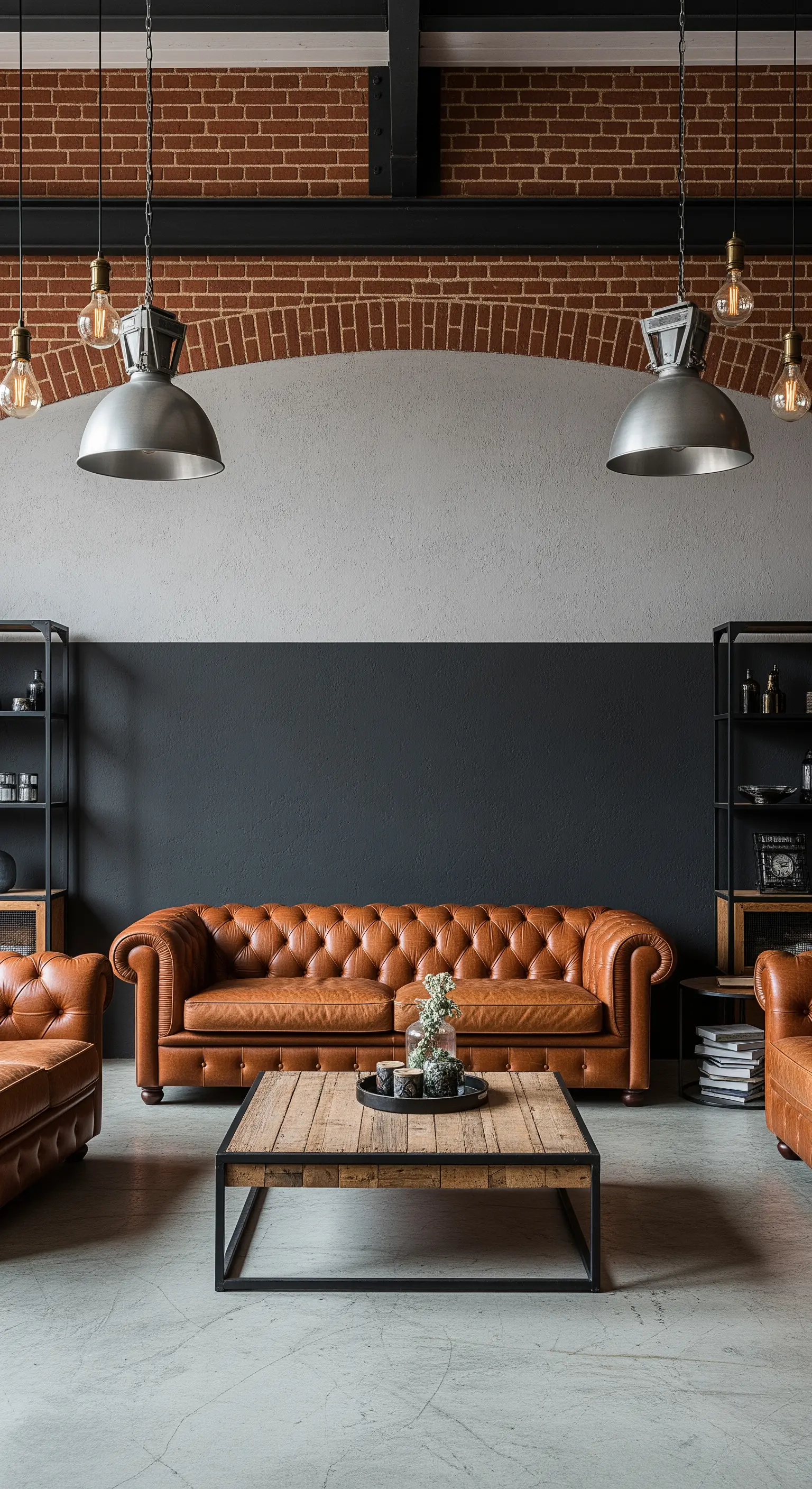 Divano Chesterfield in pelle marrone davanti a una mezza parete grigio scuro in un loft industriale.