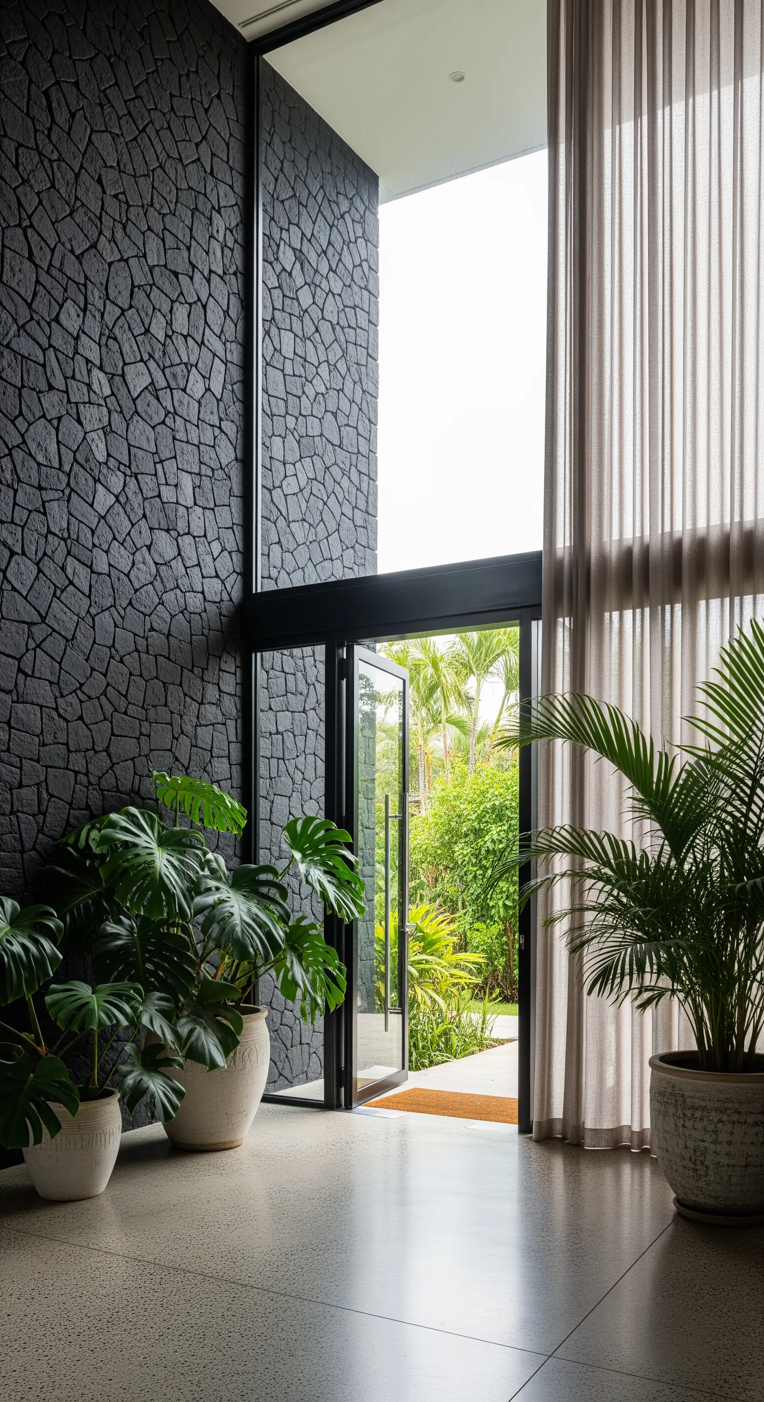 Ingresso moderno con parete in pietra nera testurizzata, tende alte e grandi piante in vaso.