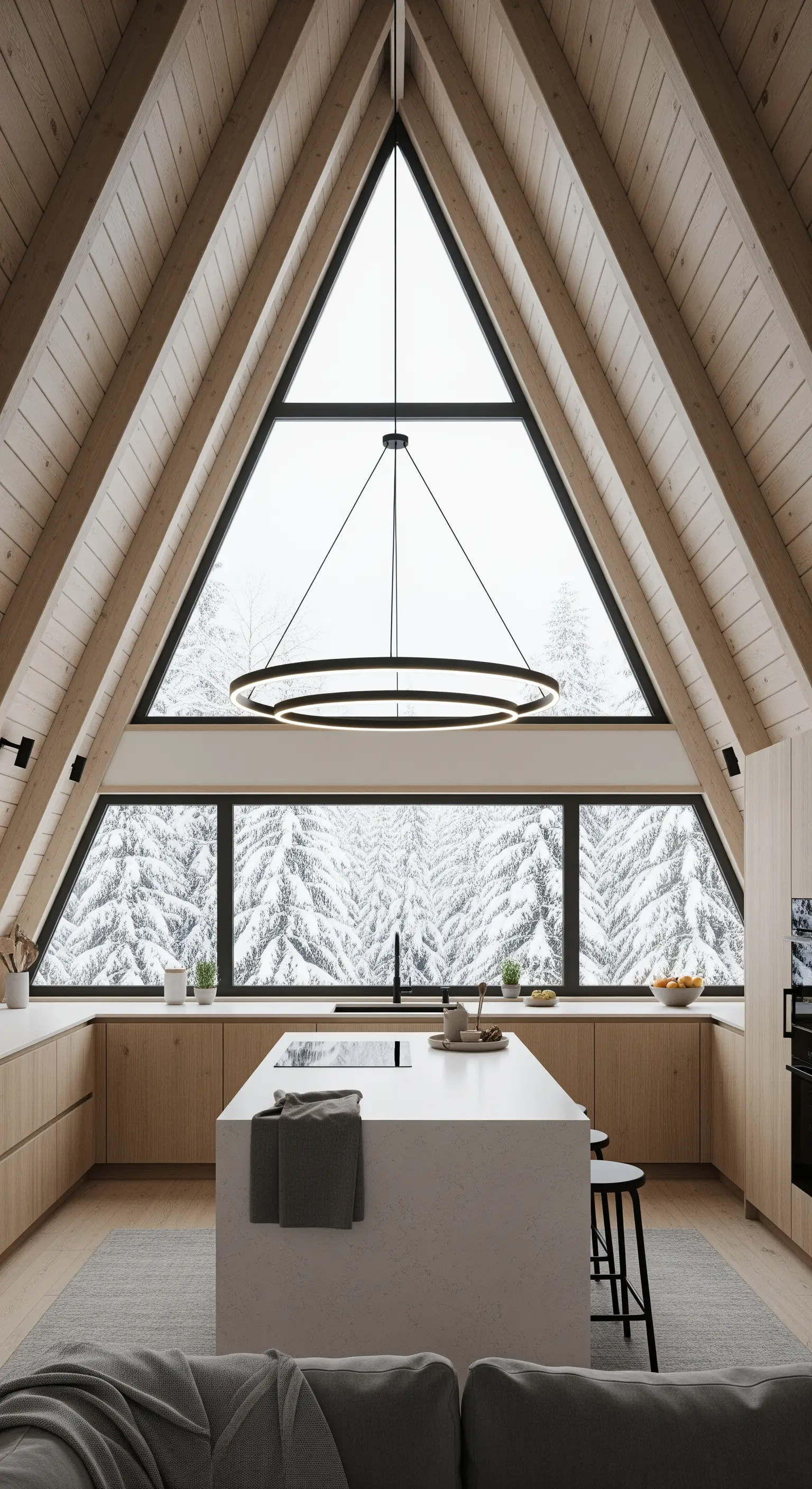 Cucina moderna in un chalet con tetto a spiovente in legno e lampadario circolare a LED