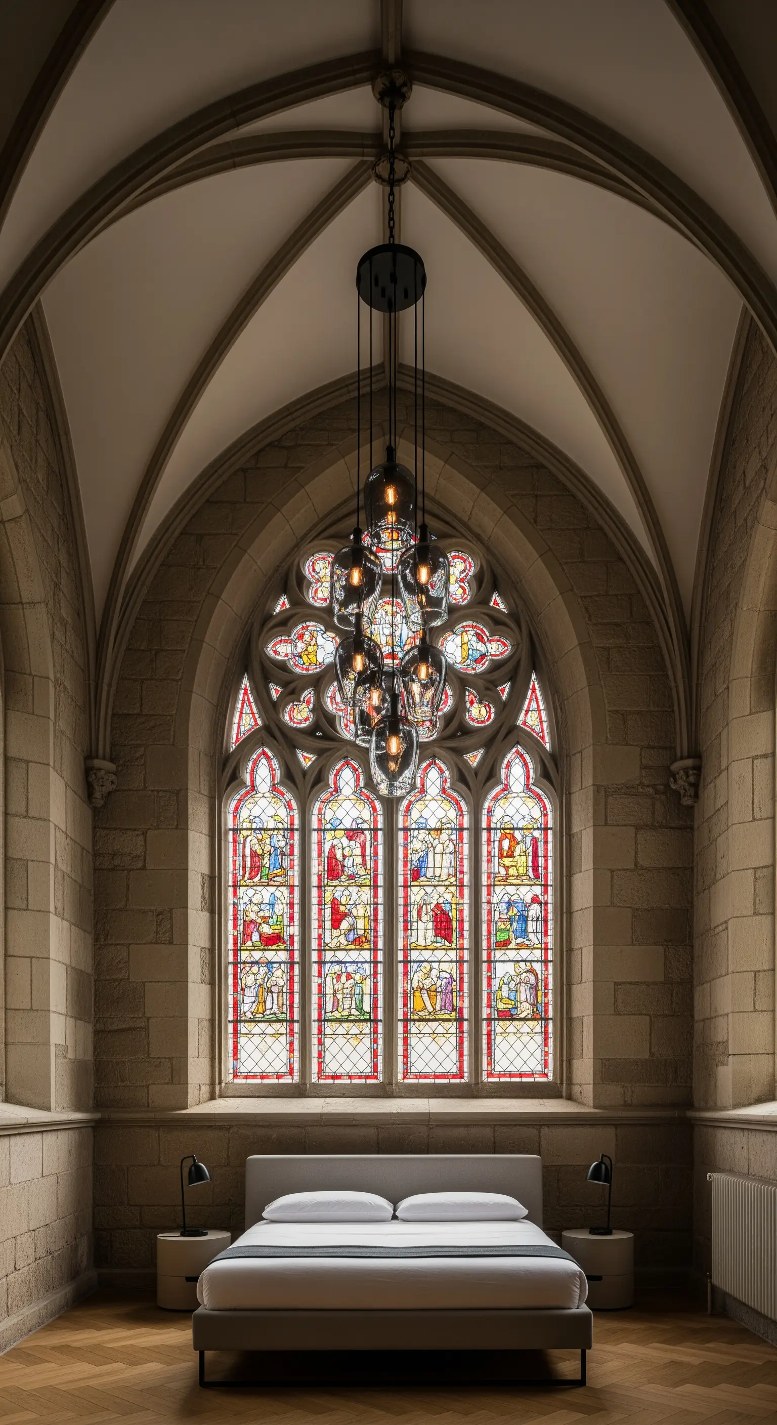 Lampadario moderno a grappolo appeso di fronte a una vetrata gotica in una camera da letto.