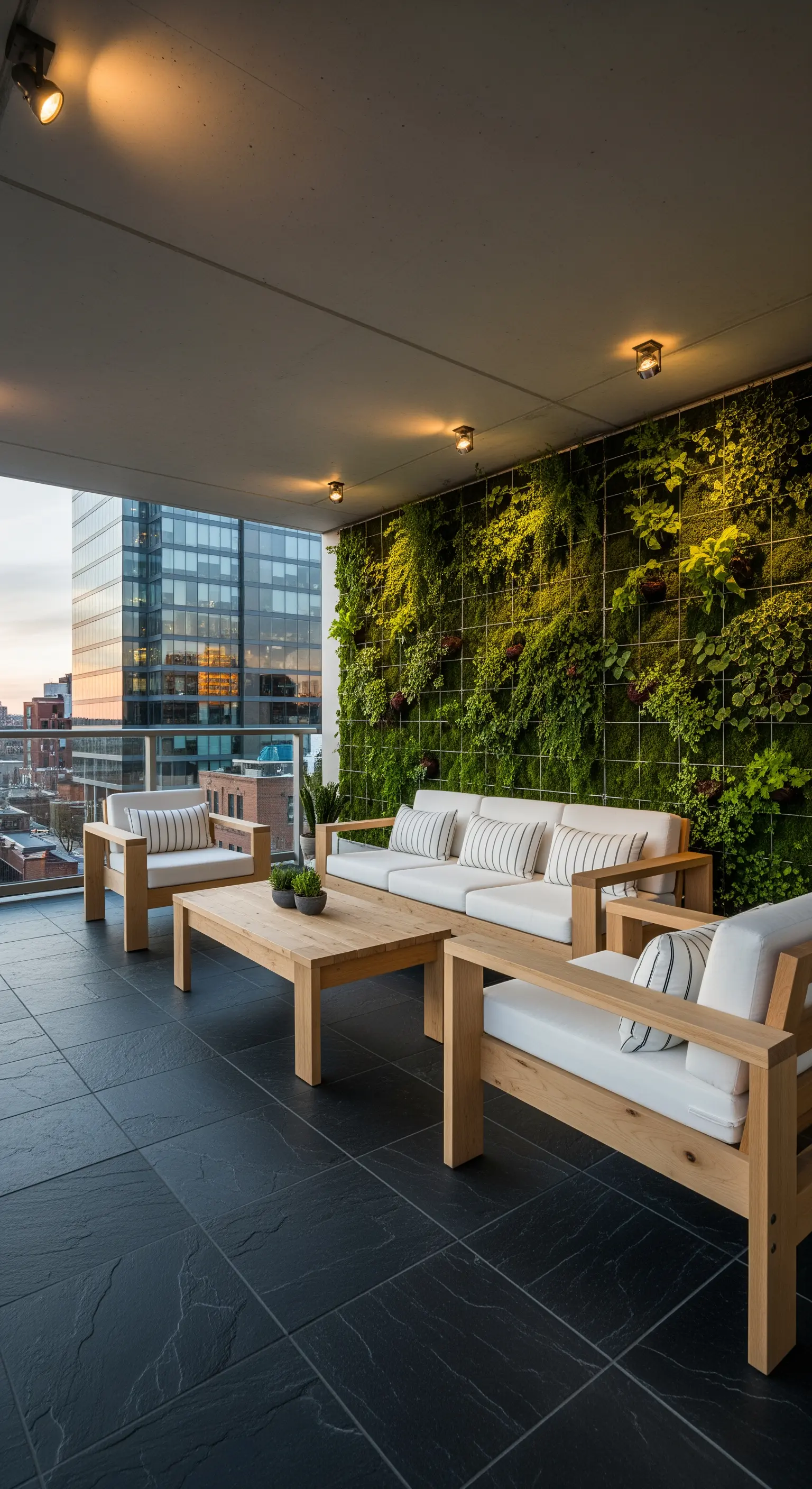 Salotto da esterno in legno chiaro con cuscini bianchi e una grande parete verde verticale.