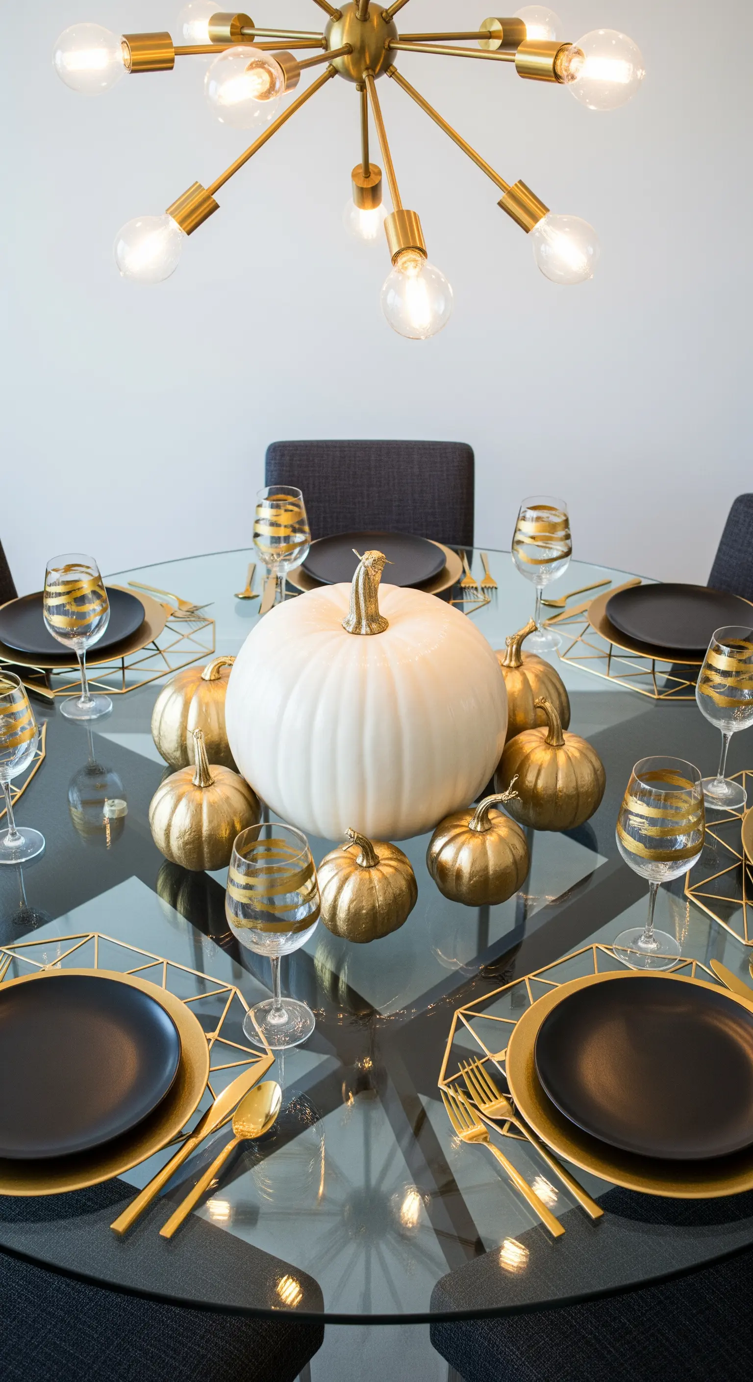 Tavola moderna con piatti neri, zucche bianche e oro su un tavolo di vetro.