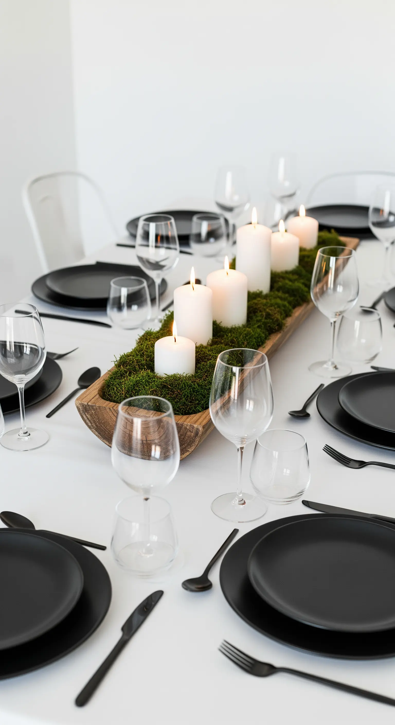 Tavola moderna con piatti neri, centrotavola di muschio e candele bianche.