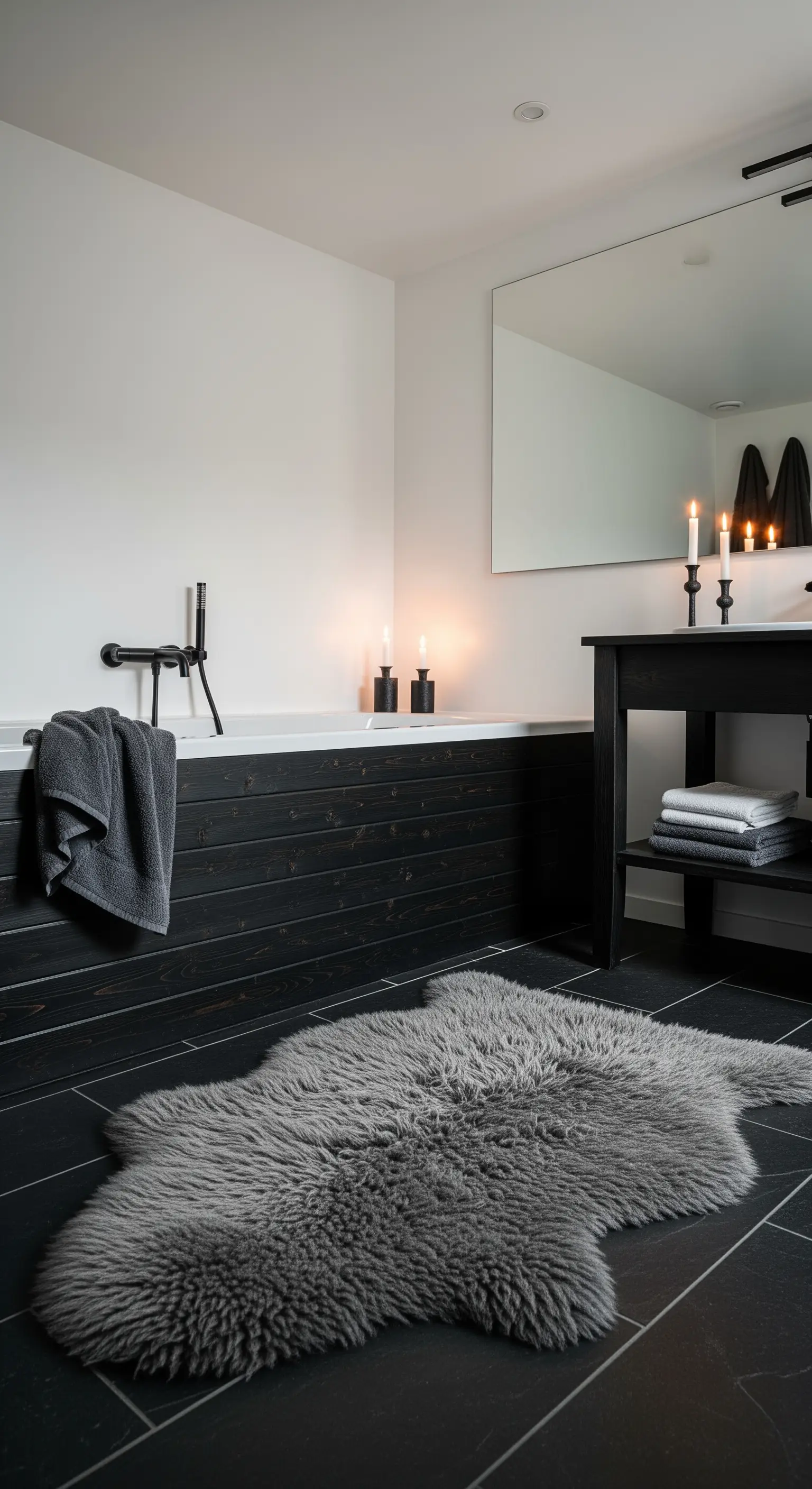Bagno minimalista in bianco e nero con rivestimento in legno scuro e tappeto grigio peloso.