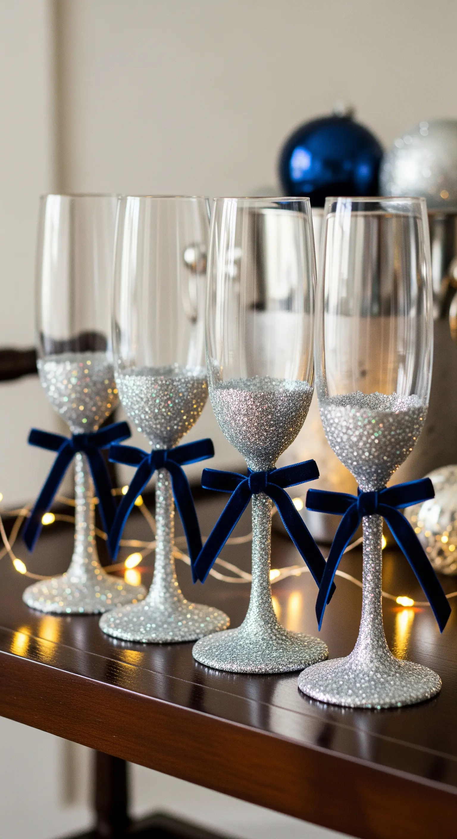 Flûte da champagne con base glitterata argento e fiocchi in velluto blu notte.