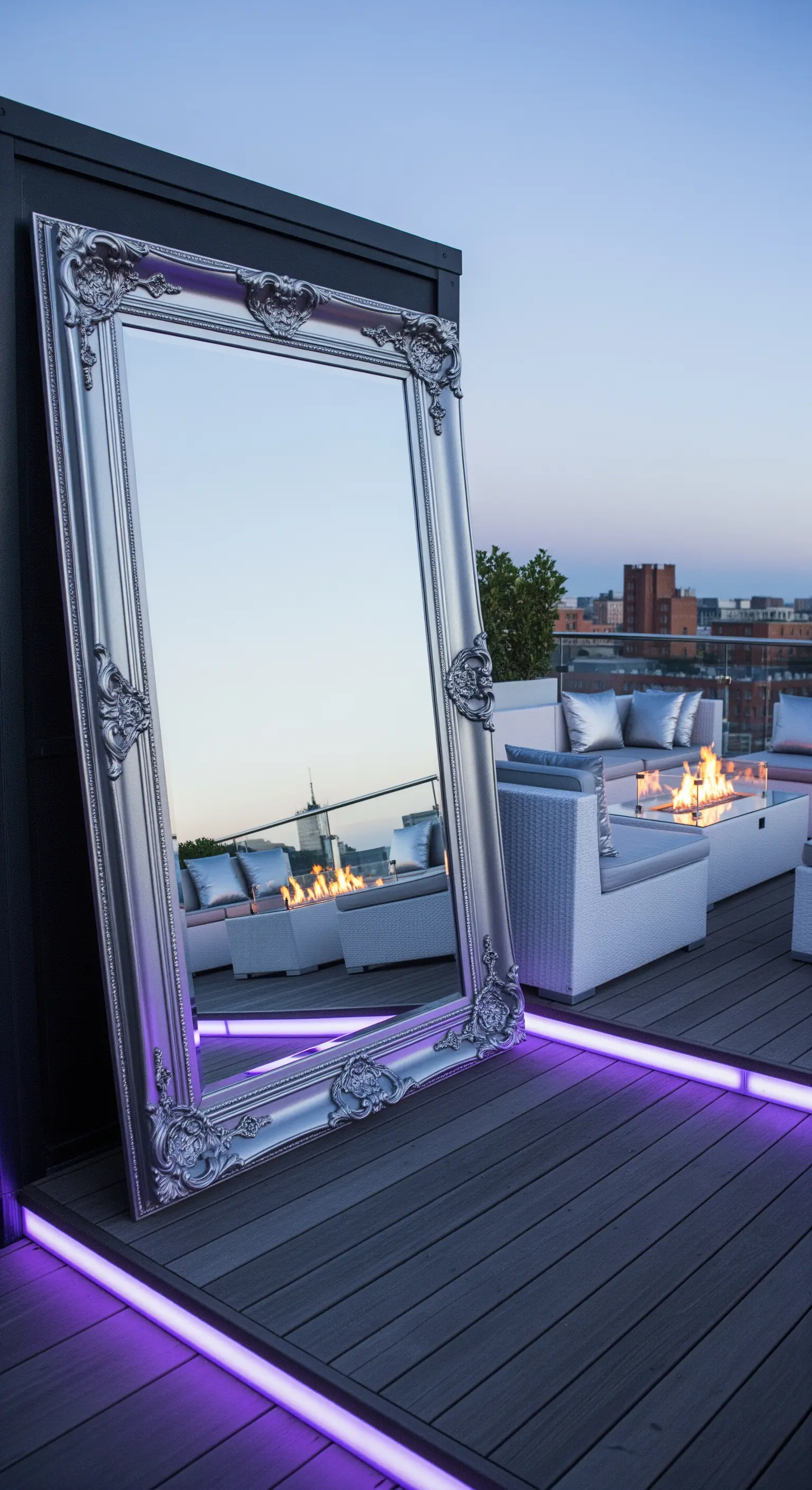 Grande specchio barocco argentato appoggiato su un terrazzo con illuminazione LED viola a pavimento.