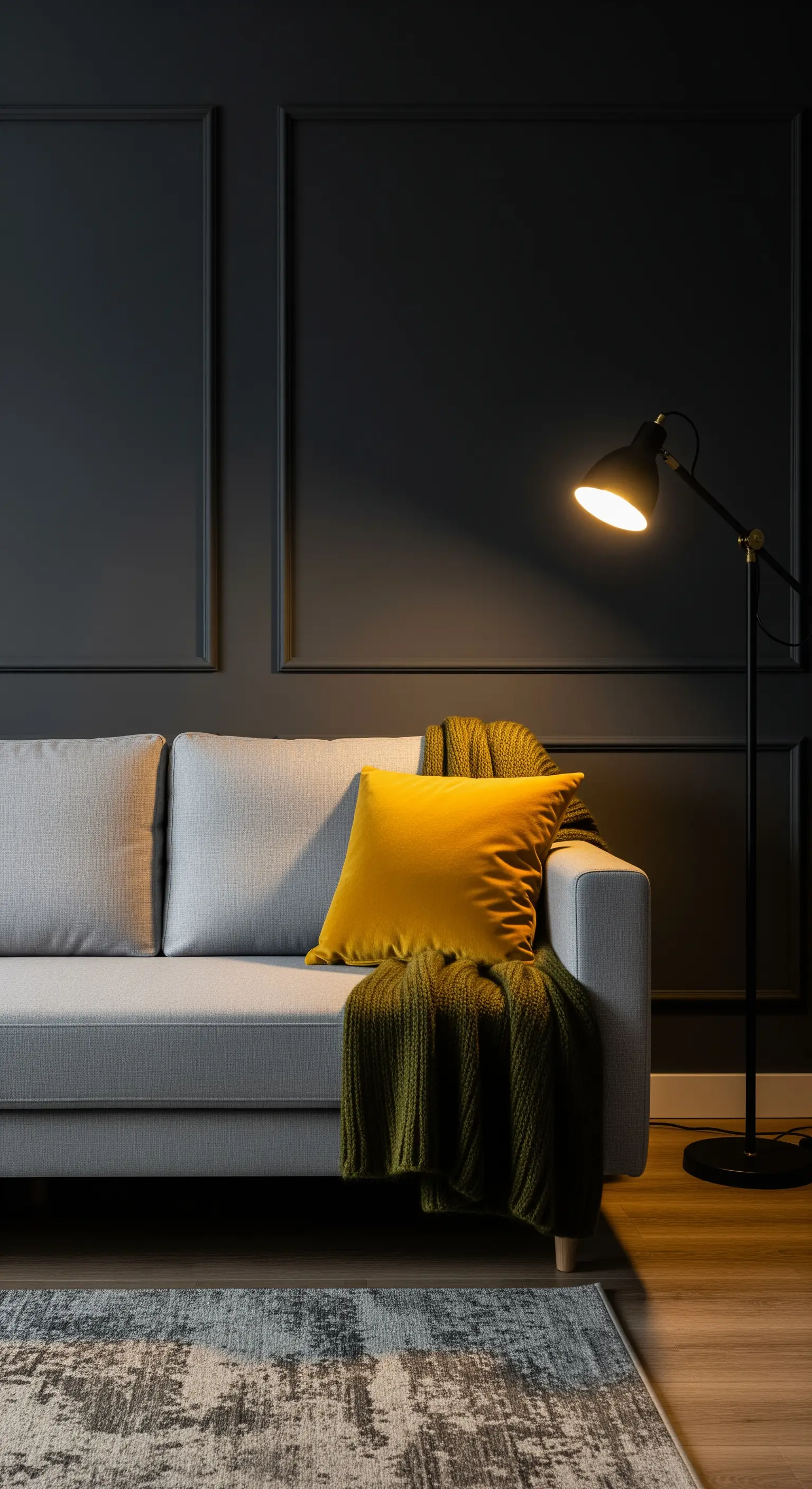 Divano grigio contro una parete scura, con un cuscino di velluto senape illuminato da una lampada.