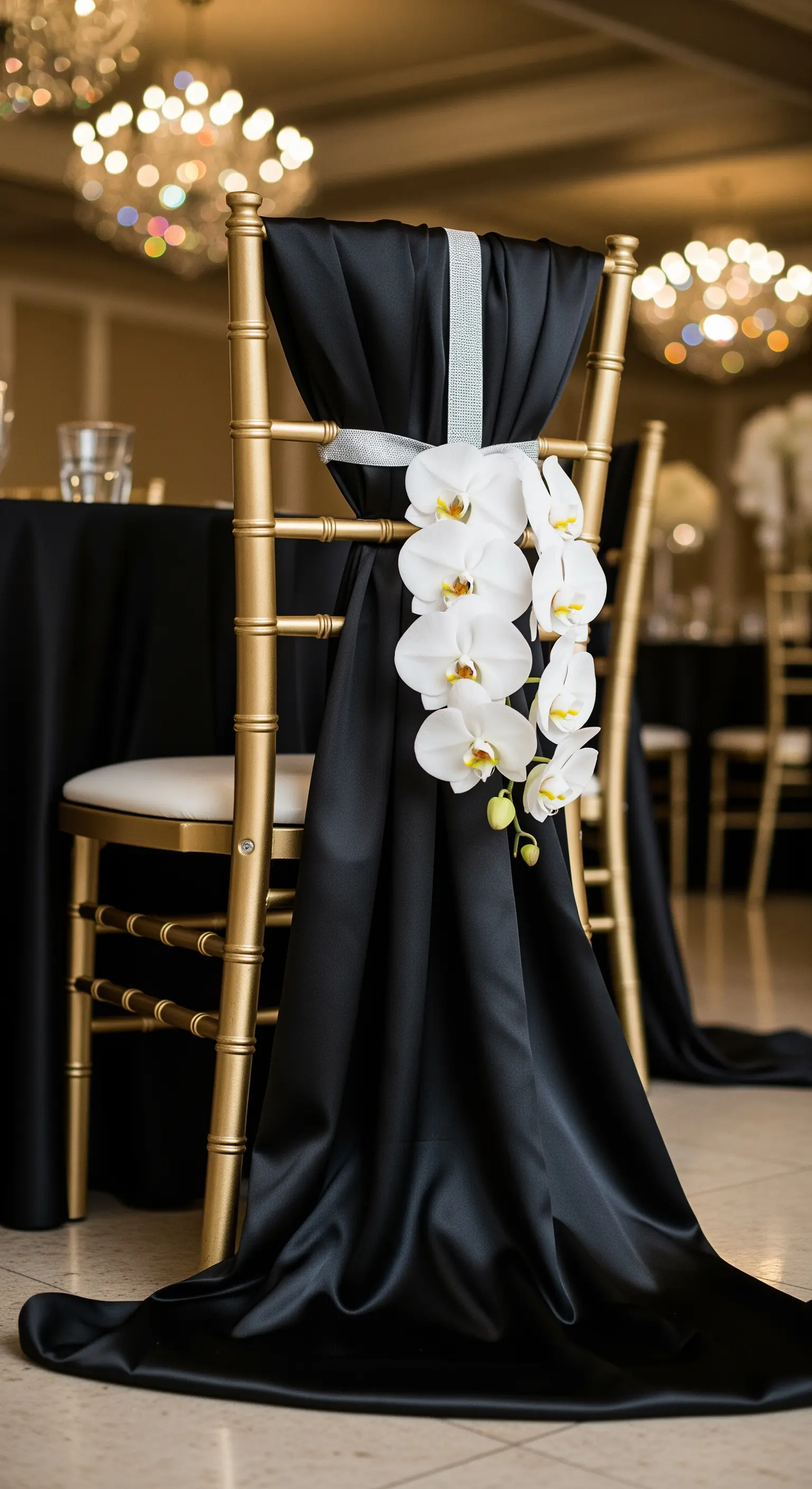 Sedia dorata decorata con un drappo di raso nero e una cascata di orchidee bianche.