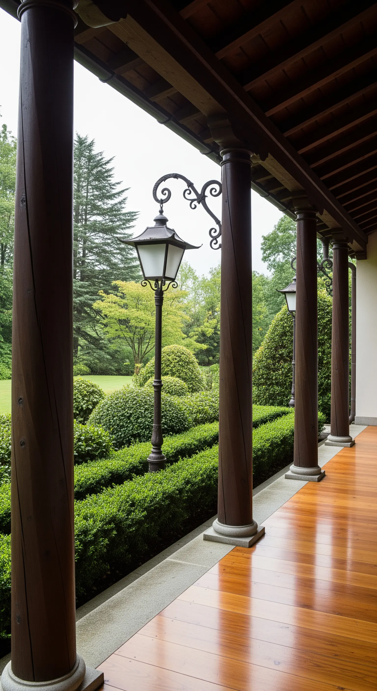 Portico con pavimento e colonne in legno scuro lucido e giardino con siepi curate.