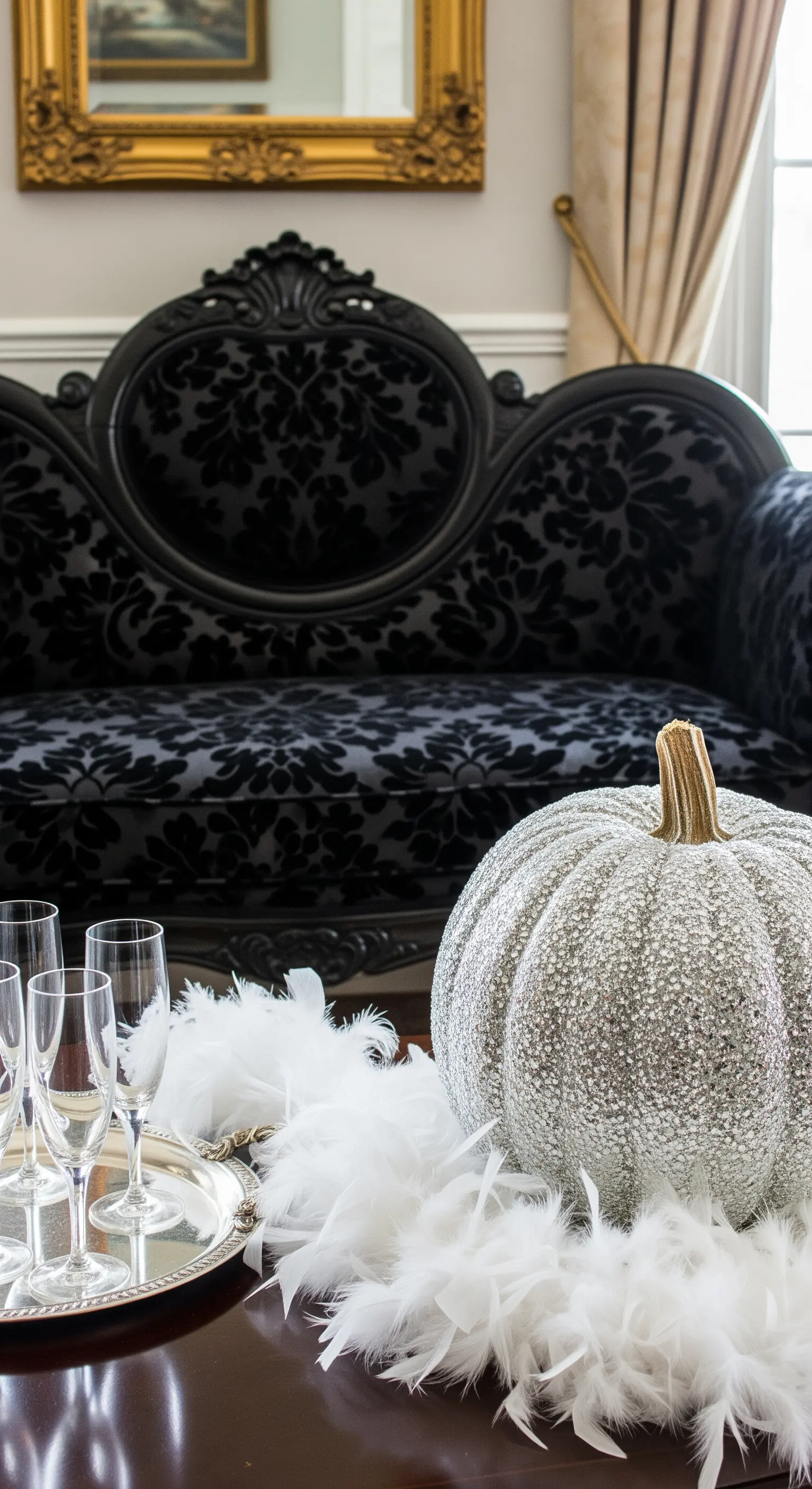 Zucca gigante glitterata argento e piume bianche su un tavolino davanti a un divano barocco nero.