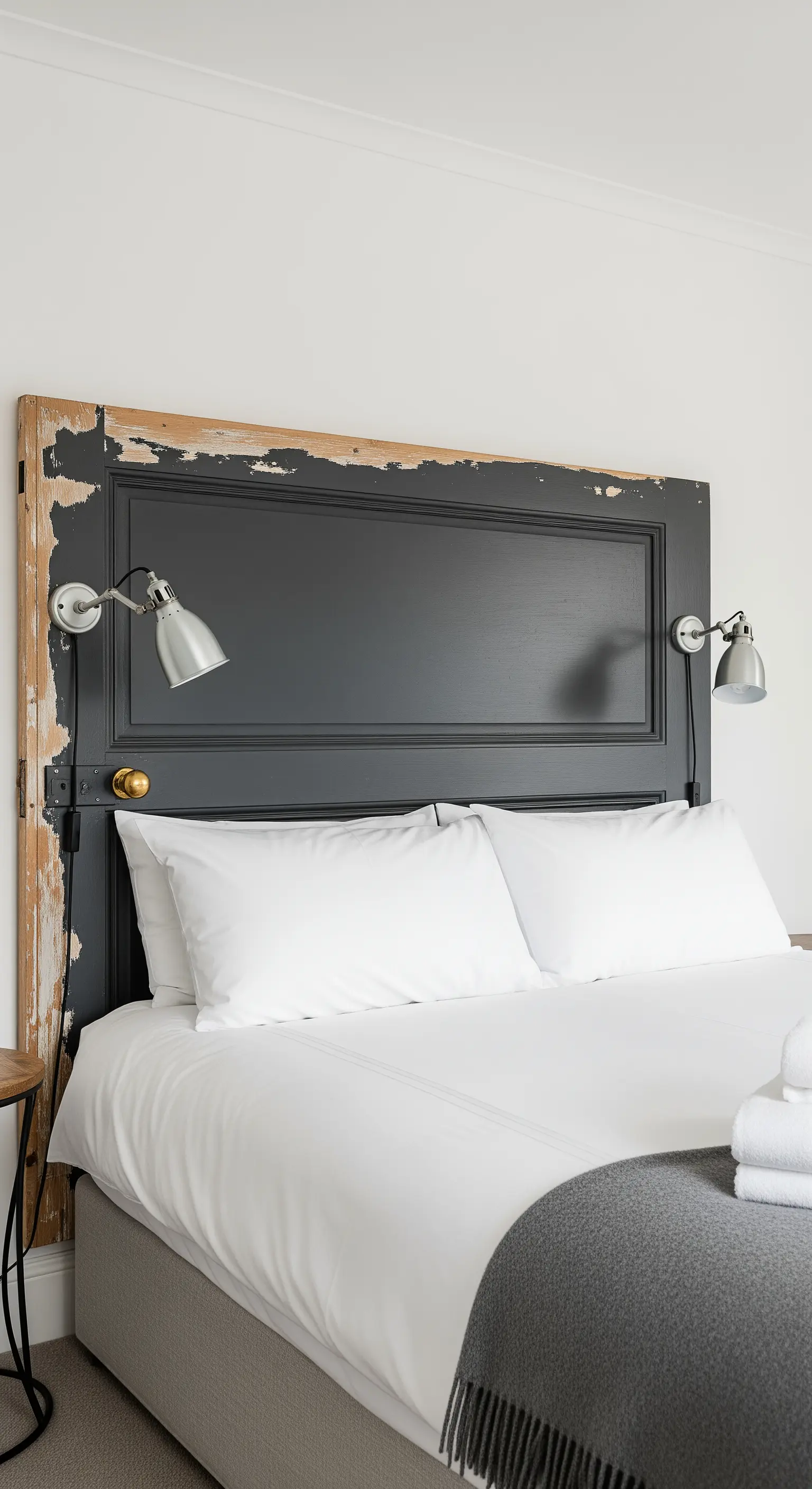 Testiera in legno scuro scrostato con due lampade da lettura in metallo montate sopra.