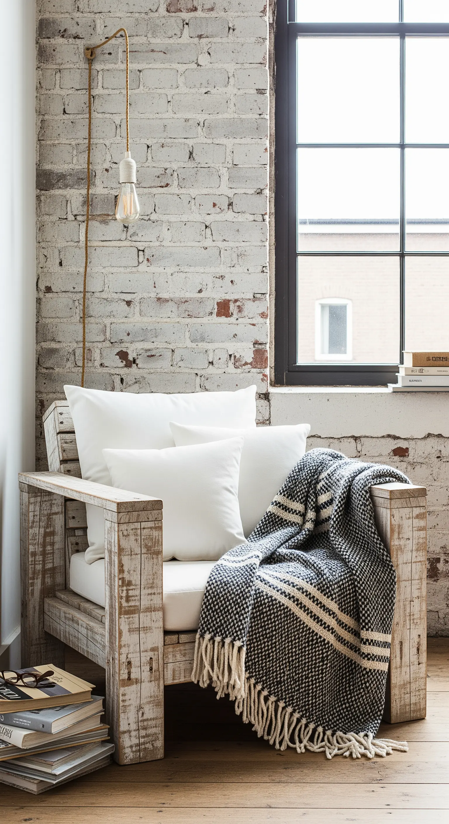 Poltrona in legno grezzo sbiancato con cuscini bianchi, contro una parete di mattoni bianchi a vista.