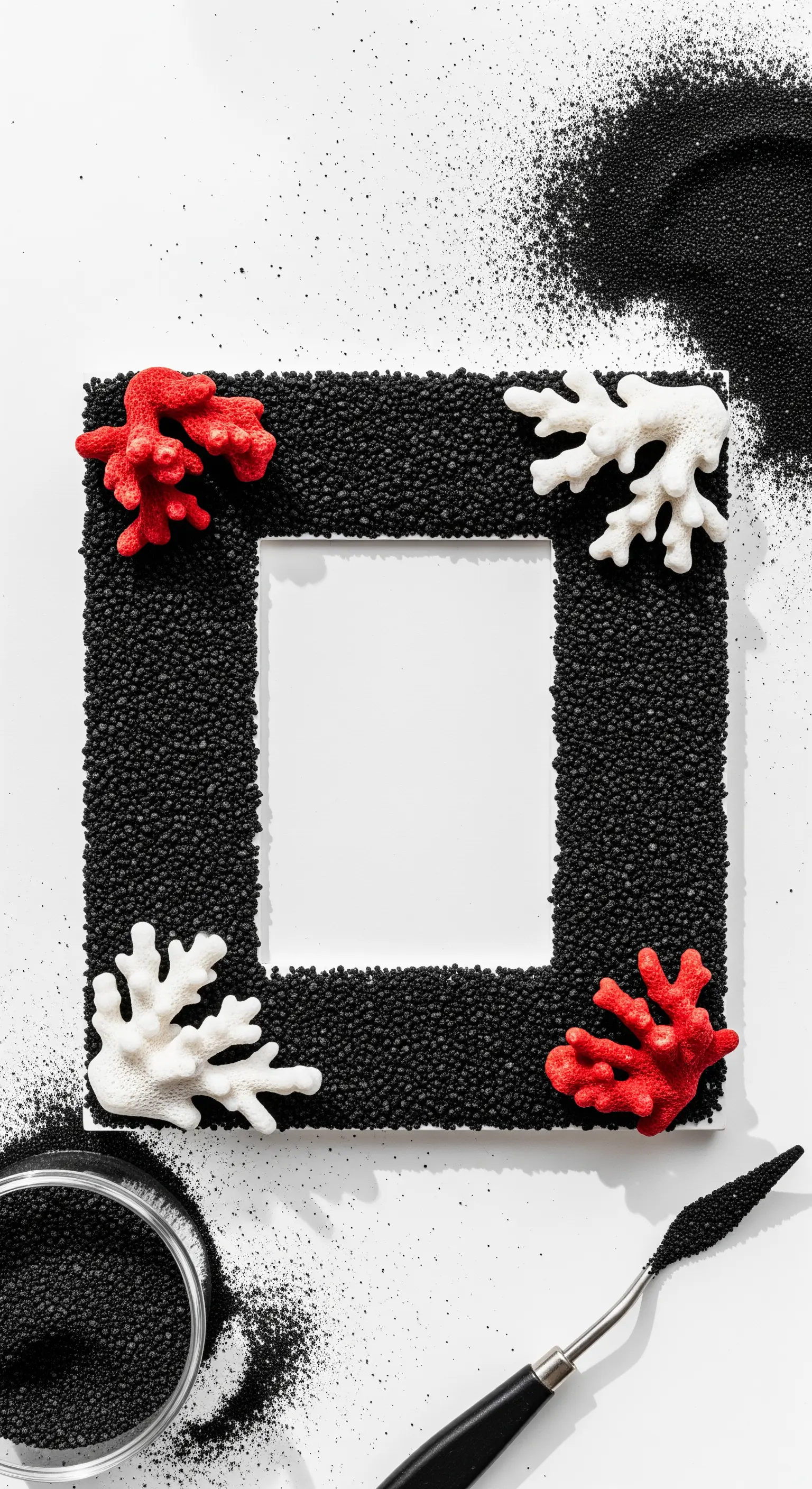 Cornice quadrata ricoperta di sabbia nera e decorata con coralli rossi e bianchi.