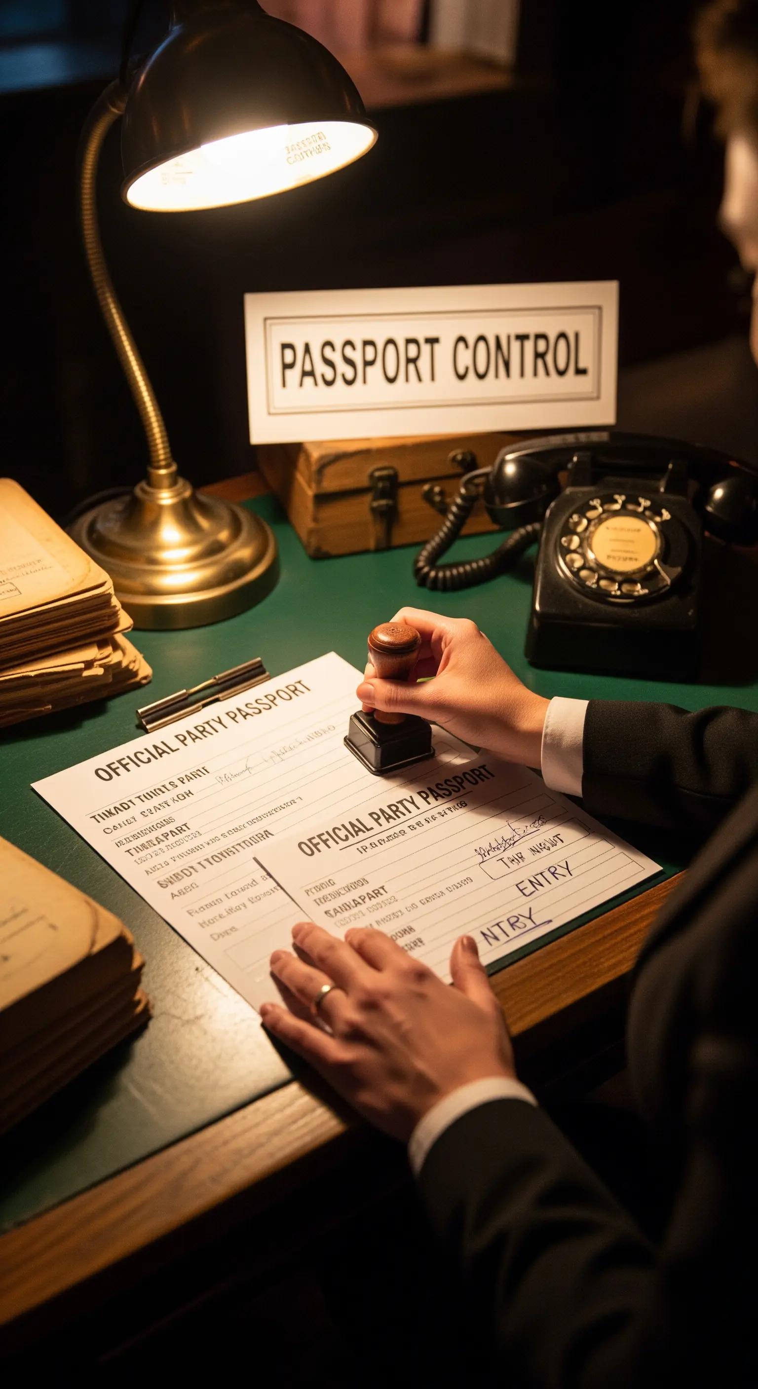 Un addetto timbra un 'passaporto della festa' a un desk di controllo passaporti.