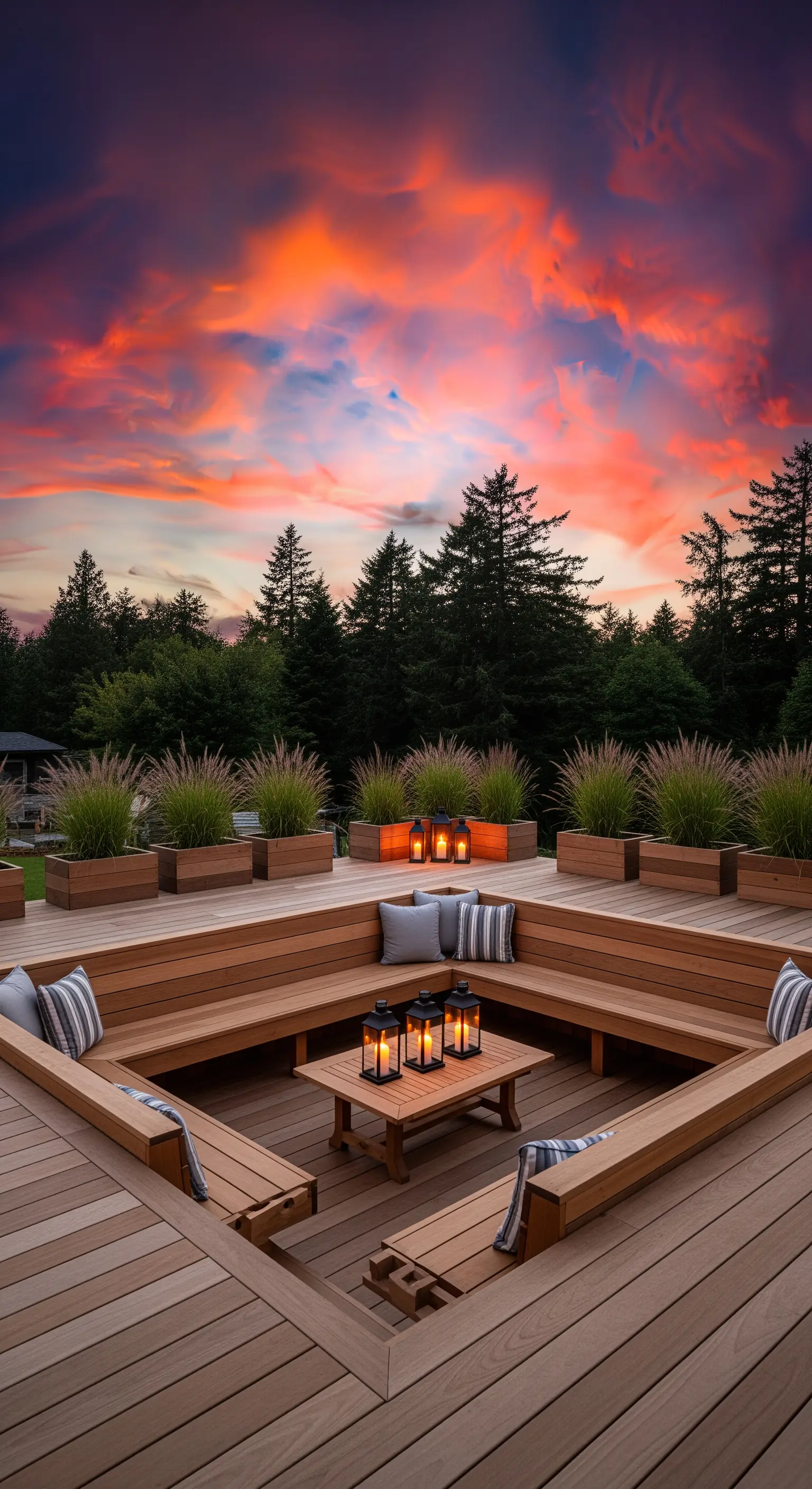 Terrazza in legno con area salotto ribassata e lanterne sul tavolino centrale.
