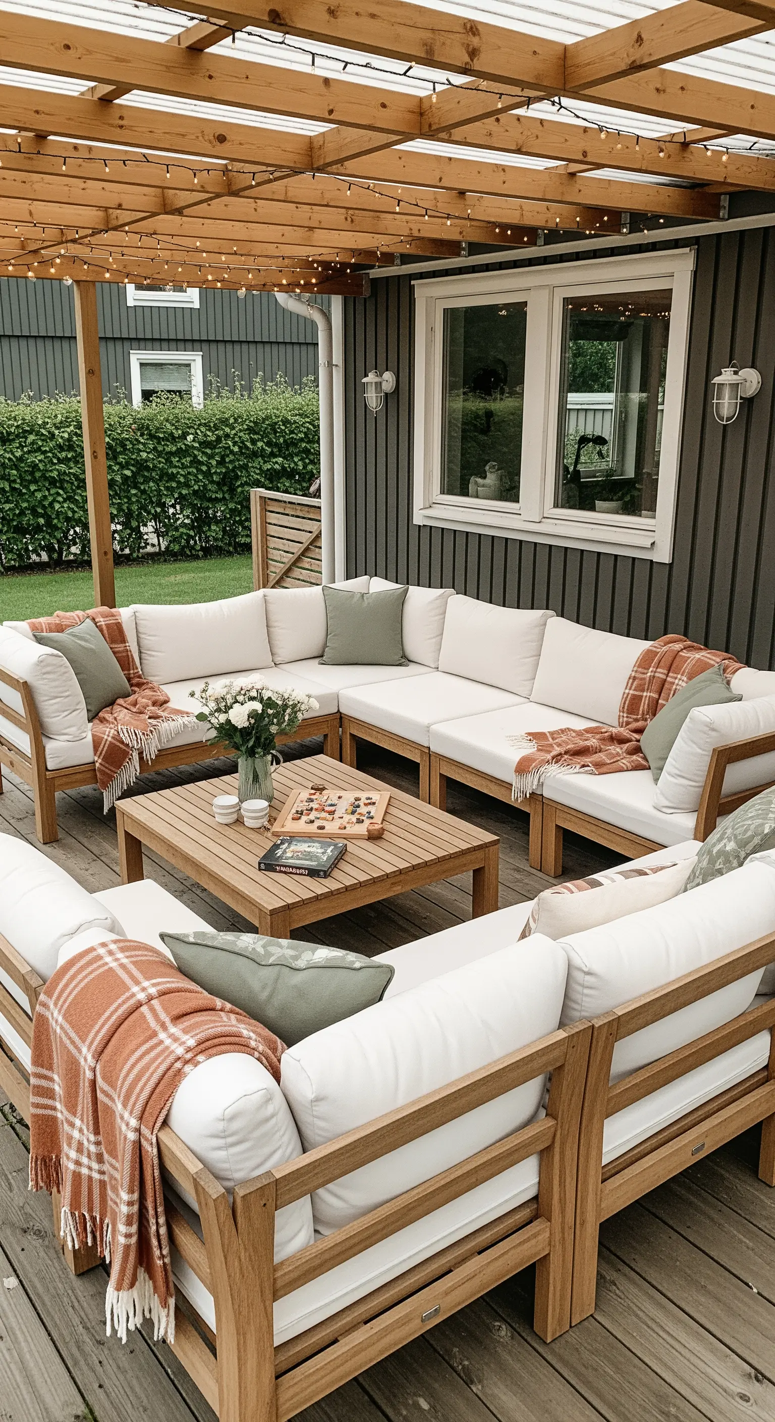 Grande divano a U con struttura in legno chiaro e cuscini bianchi in un patio.