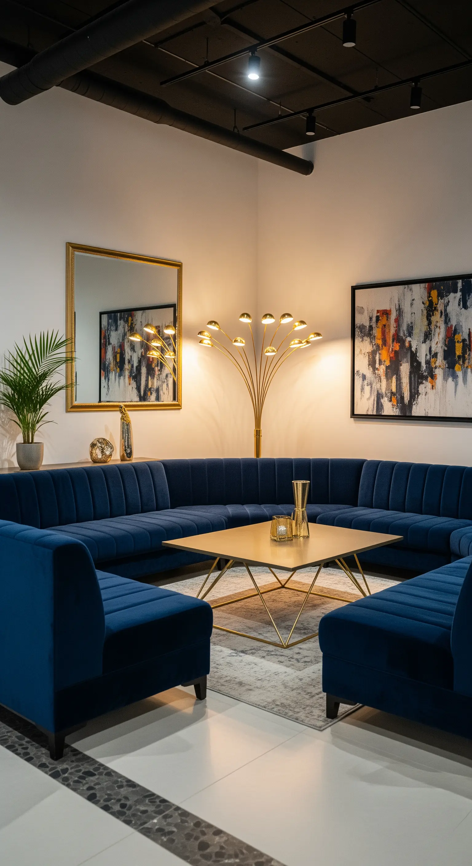 Grande divano a U in velluto blu con tavolino e lampada da terra scultorea dorati.