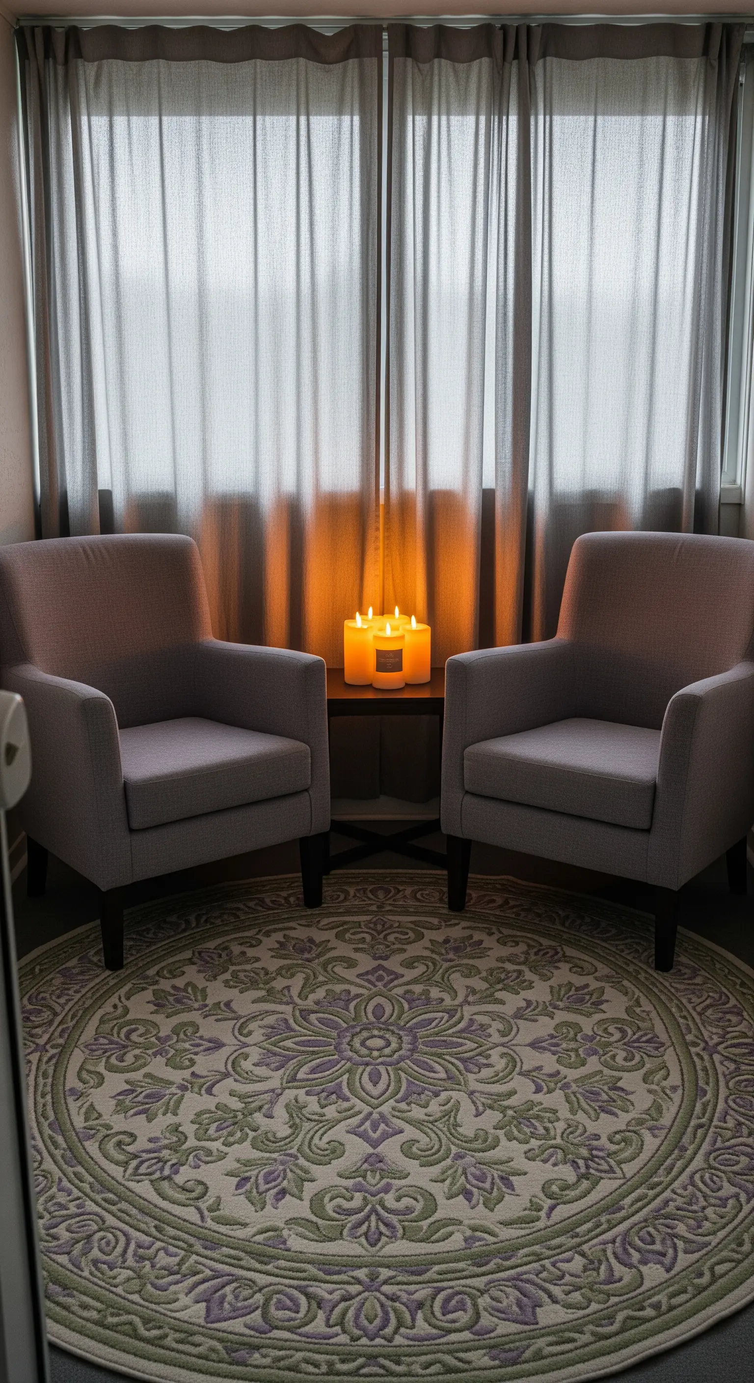 Angolo conversazione con due poltrone grigie, un tappeto rotondo e un gruppo di candele.