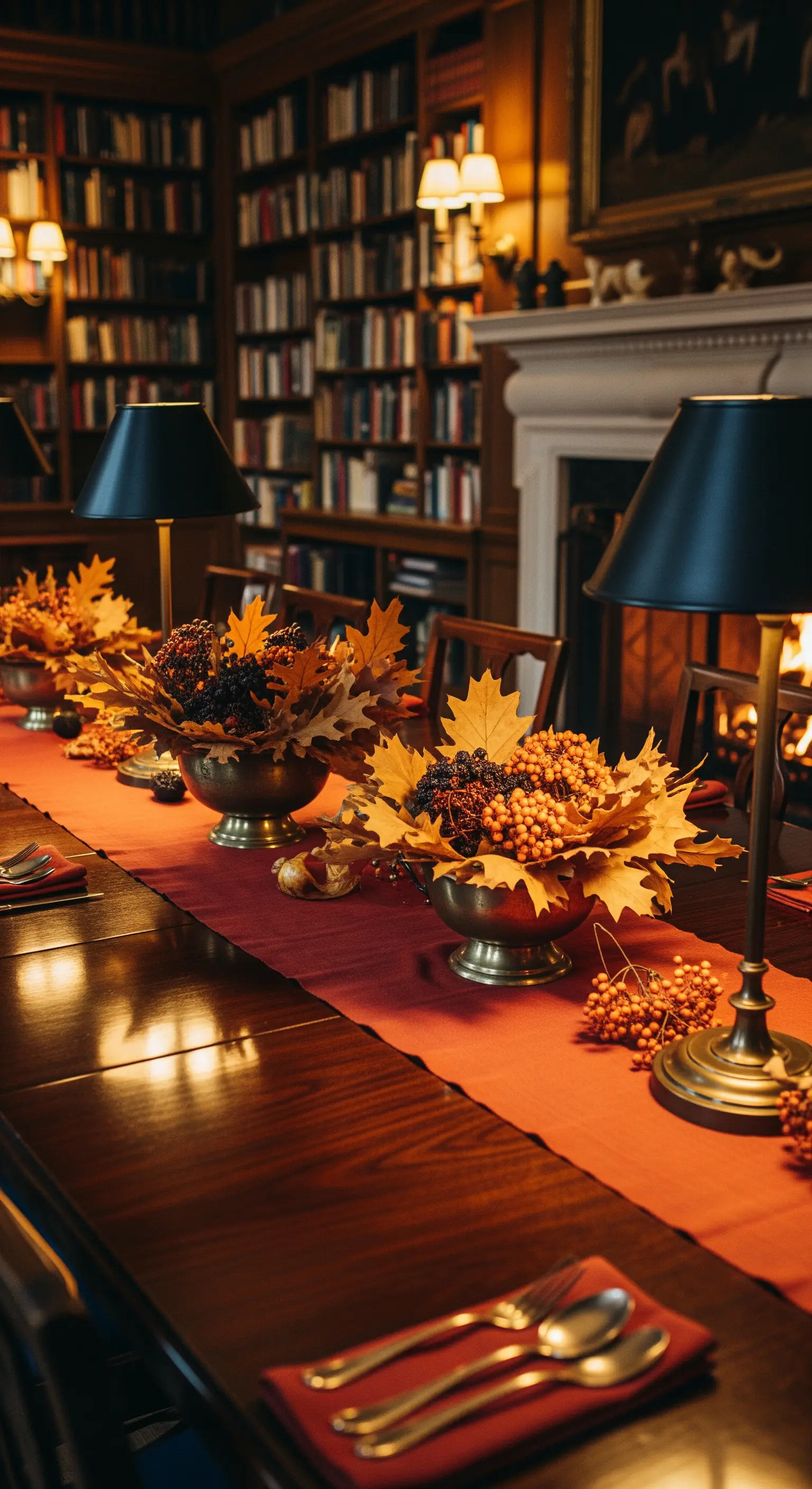 Tavolo da pranzo in una biblioteca con runner rosso e centrotavola di foglie autunnali.