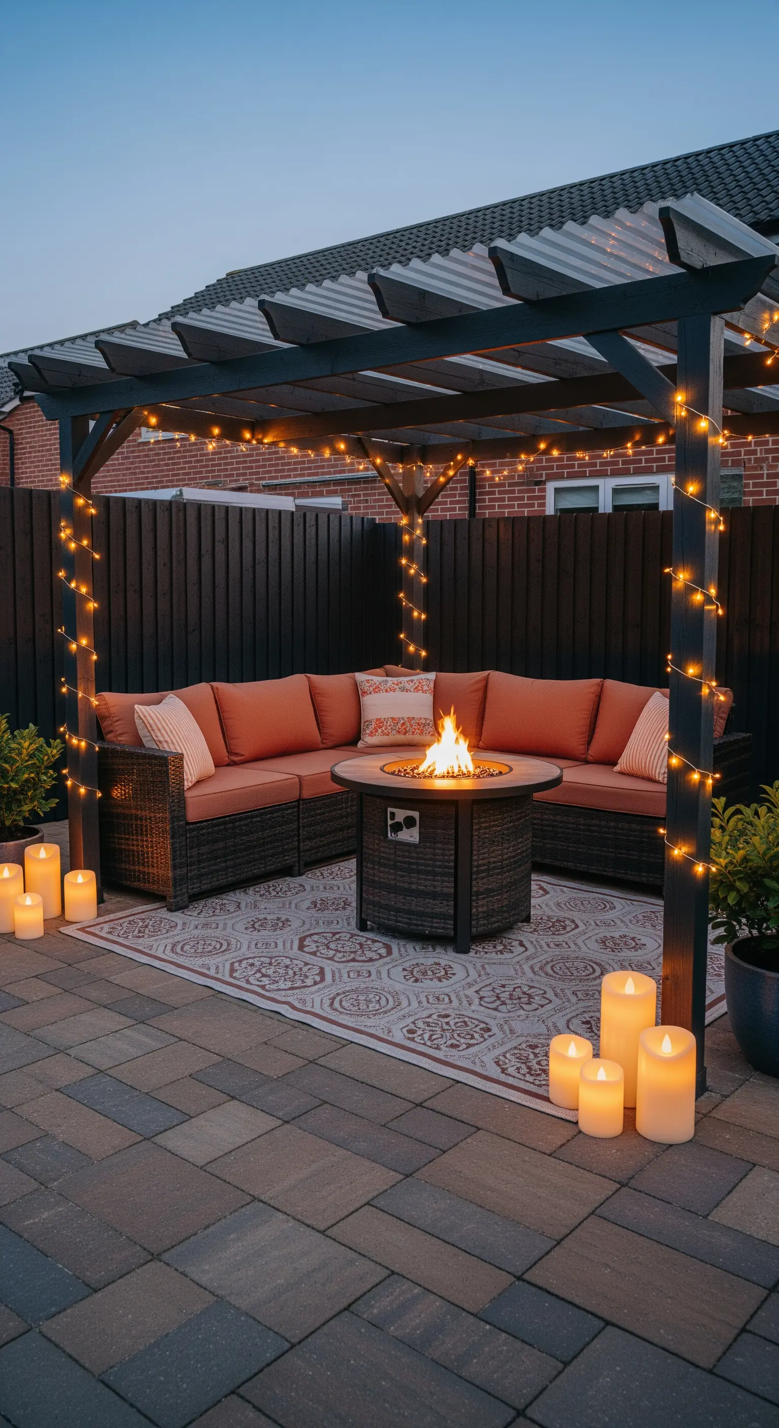 Pergola con divano angolare, tavolo-braciere e illuminazione a LED avvolta sulla struttura.