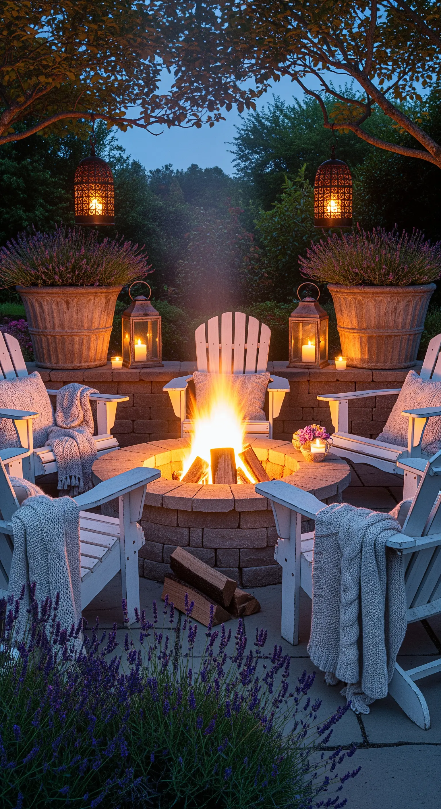 Sedie Adirondack bianche attorno a un braciere acceso, con lanterne e coperte di lana.