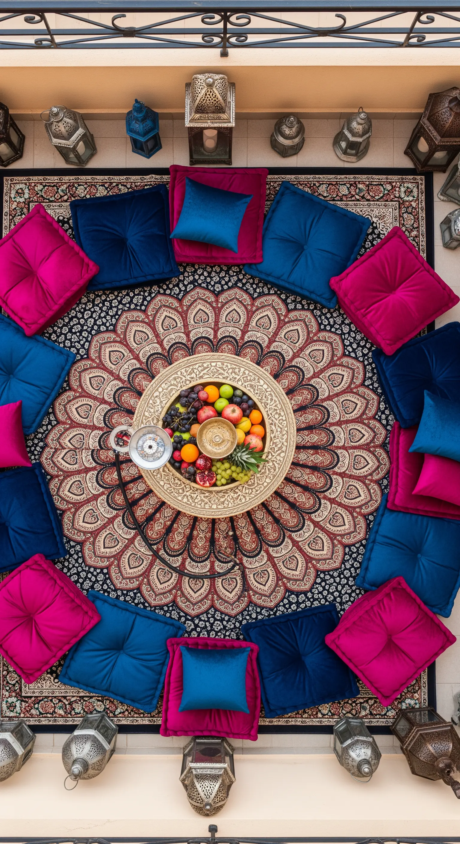 Vista dall'alto di un tappeto a mandala con cuscini da pavimento fucsia e blu disposti a cerchio.