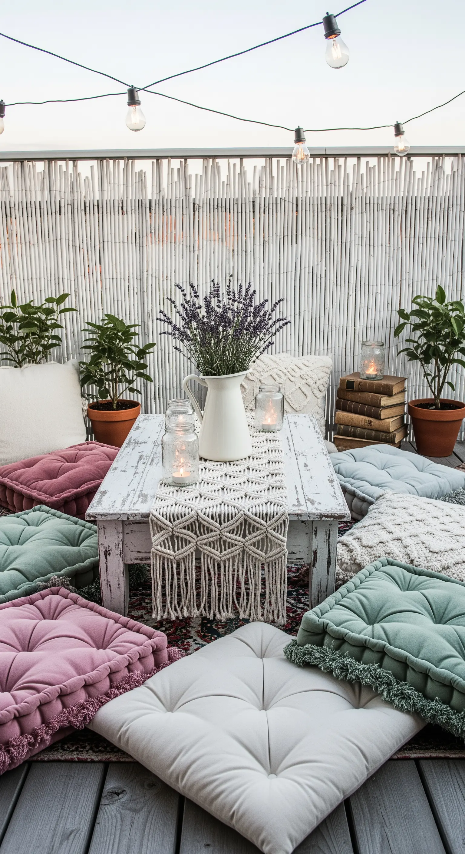 Allestimento per aperitivo su un balcone con tavolino basso e cuscini colorati a terra