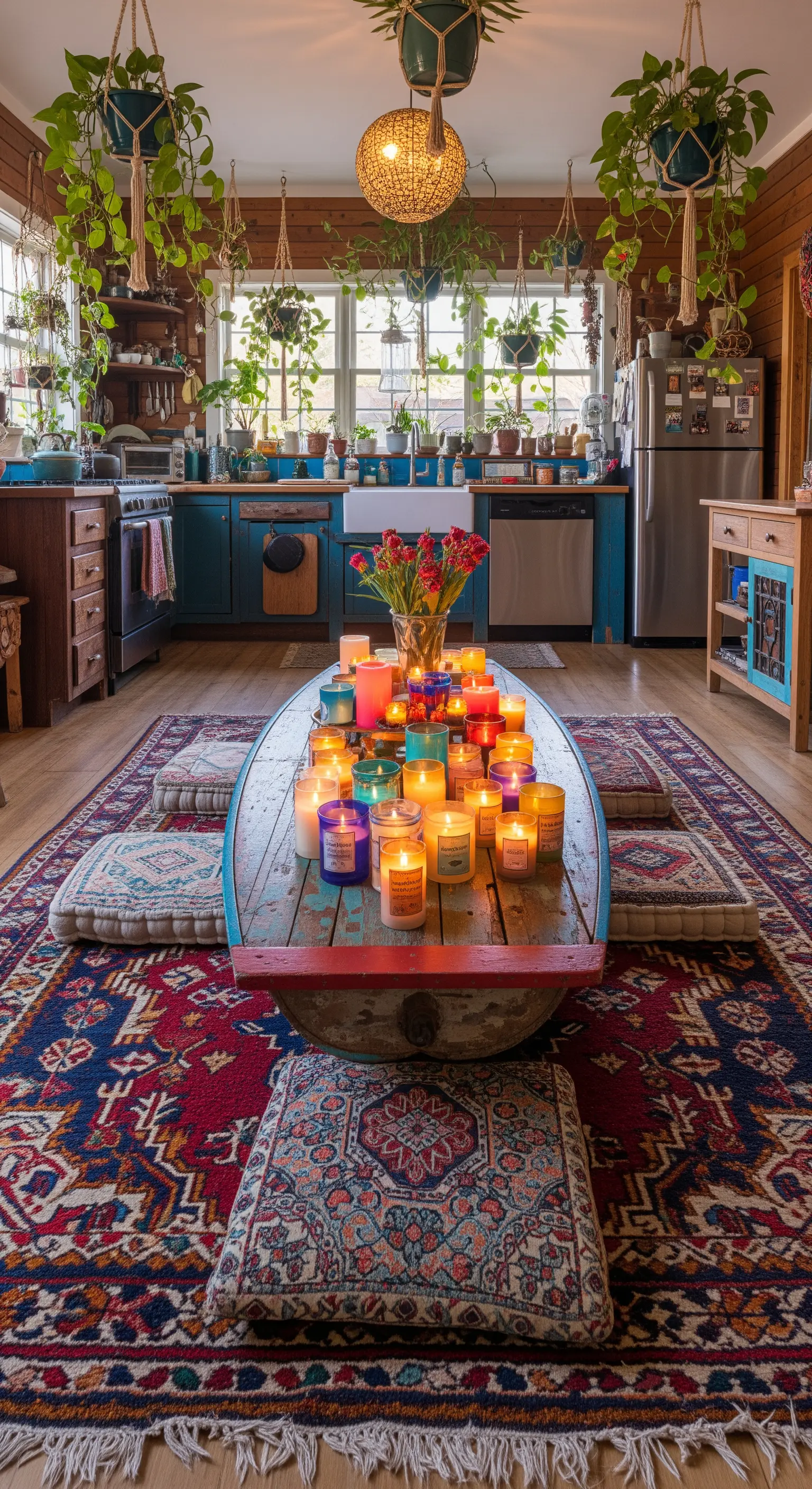 Tavolo basso su un grande tappeto persiano, circondato da cuscini e decine di candele accese.