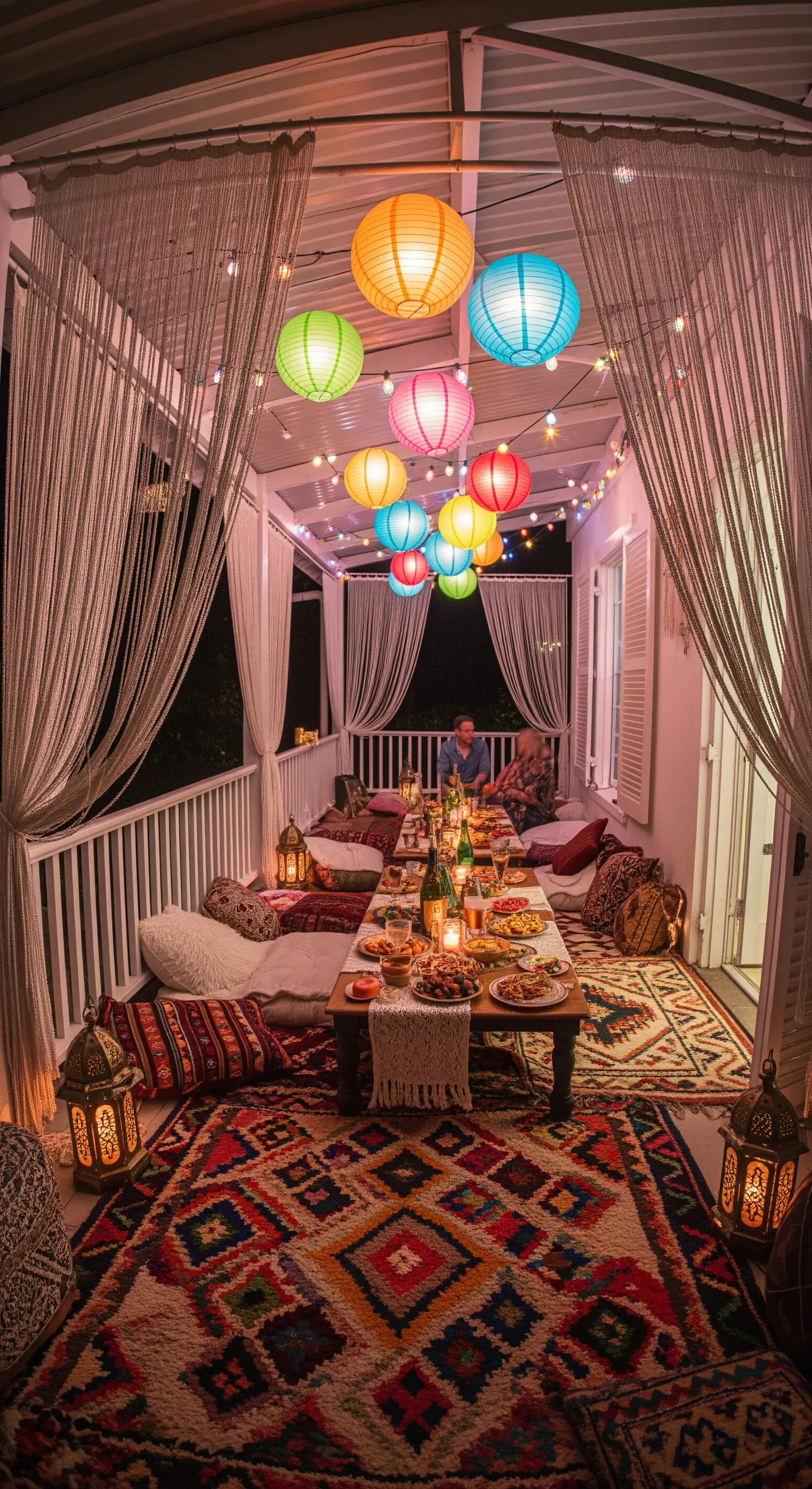 Cena in veranda con sedute basse a terra, tappeti colorati e lanterne di carta.