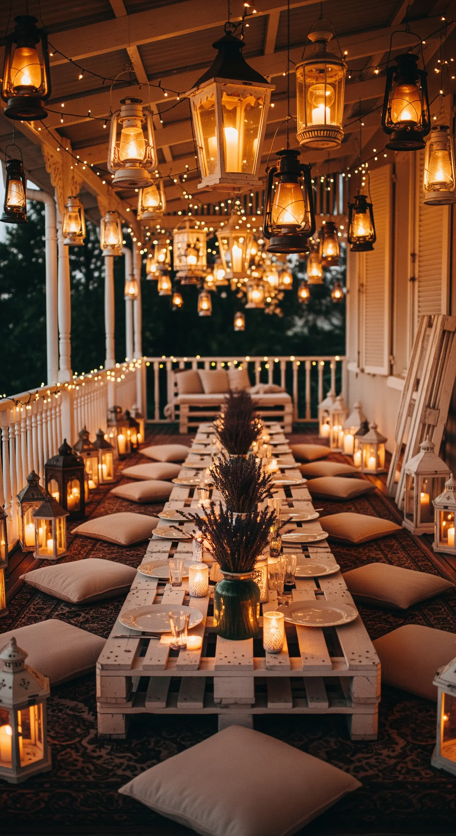 Tavola bassa fatta con pallet, circondata da cuscini su un tappeto e illuminata da decine di lanterne.