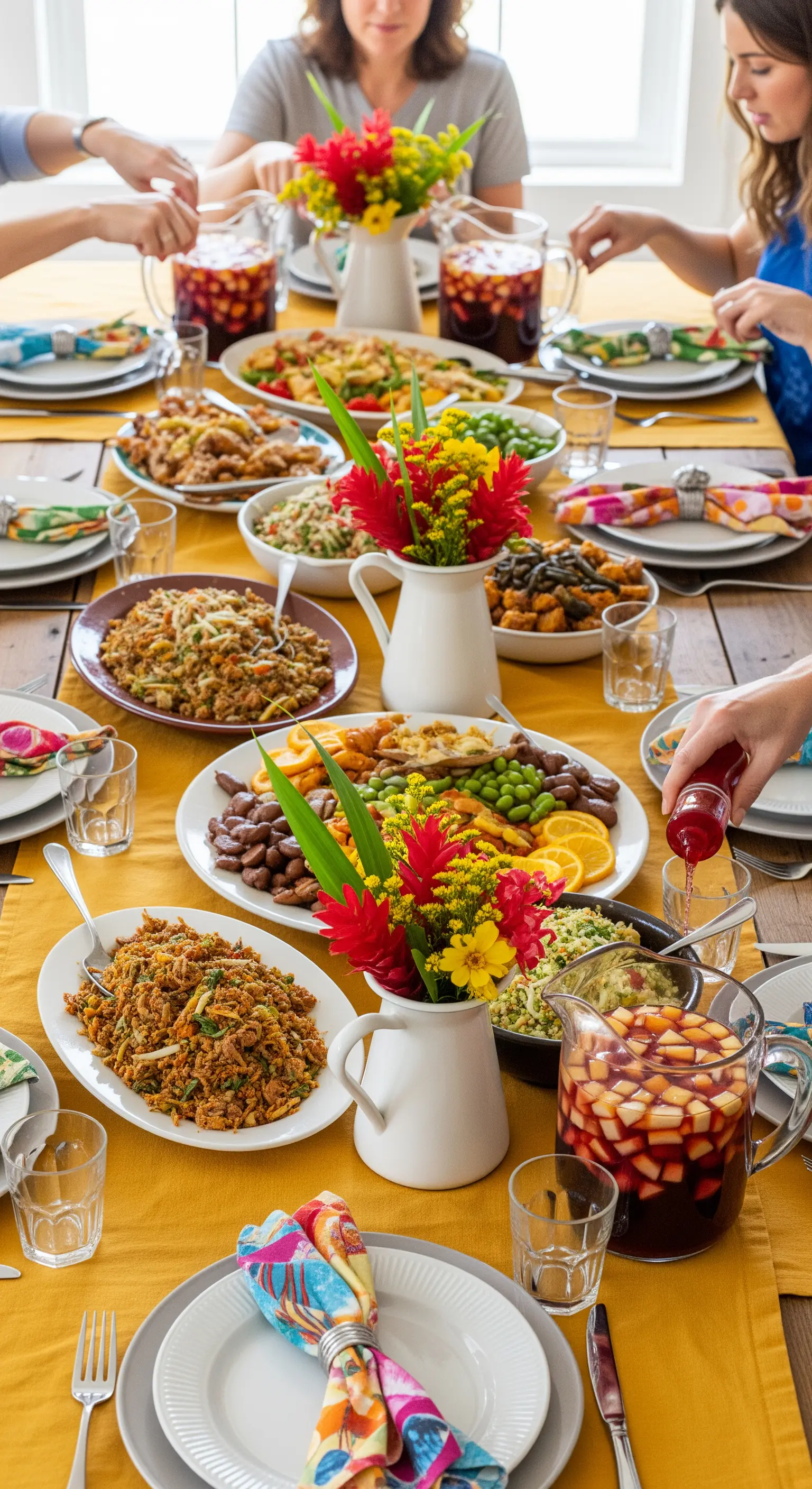 Tavola apparecchiata con grandi piatti da portata, caraffe di sangria e un runner giallo.