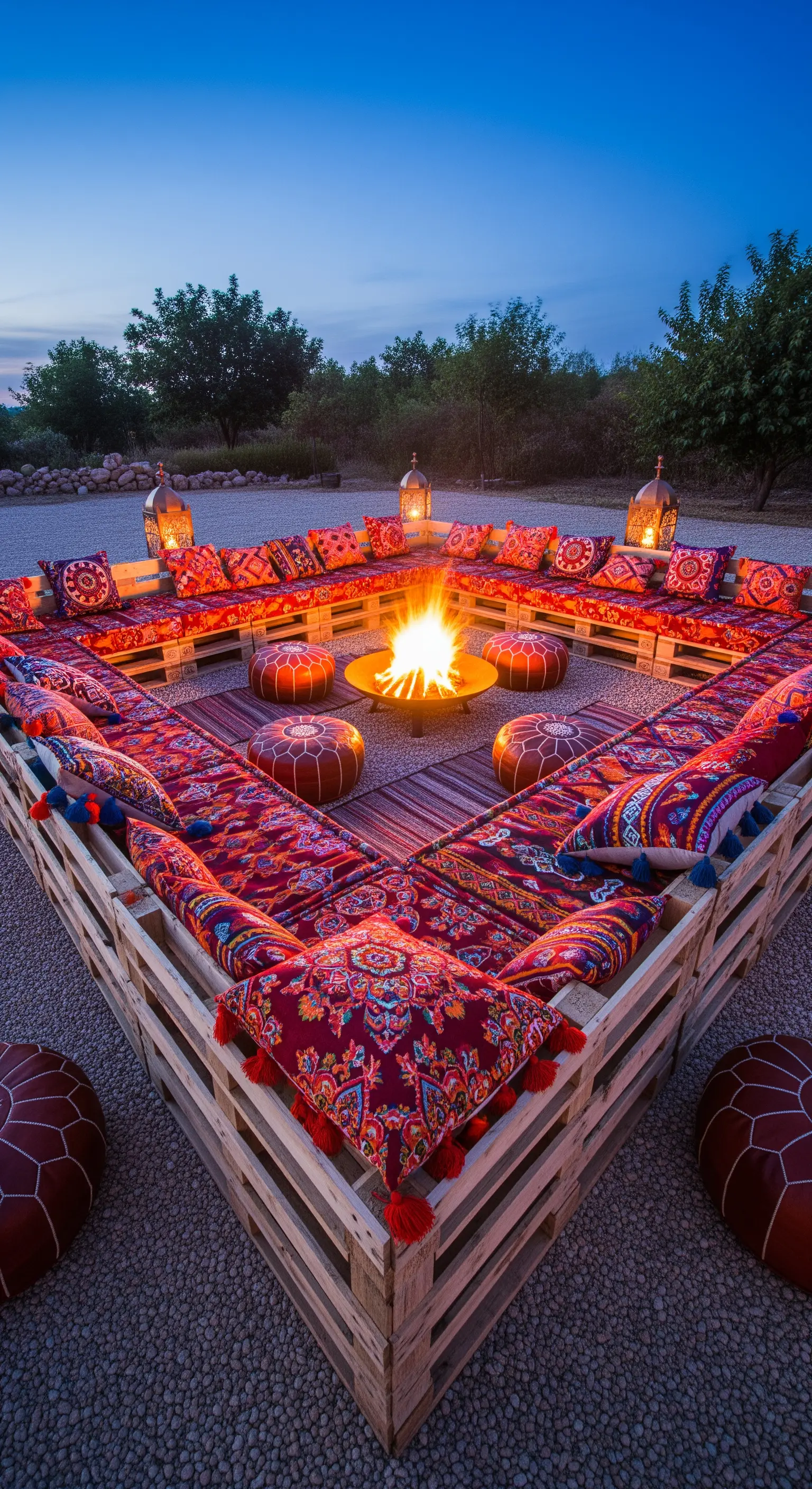 Grande seduta a U in pallet con tessuti marocchini intorno a un braciere acceso