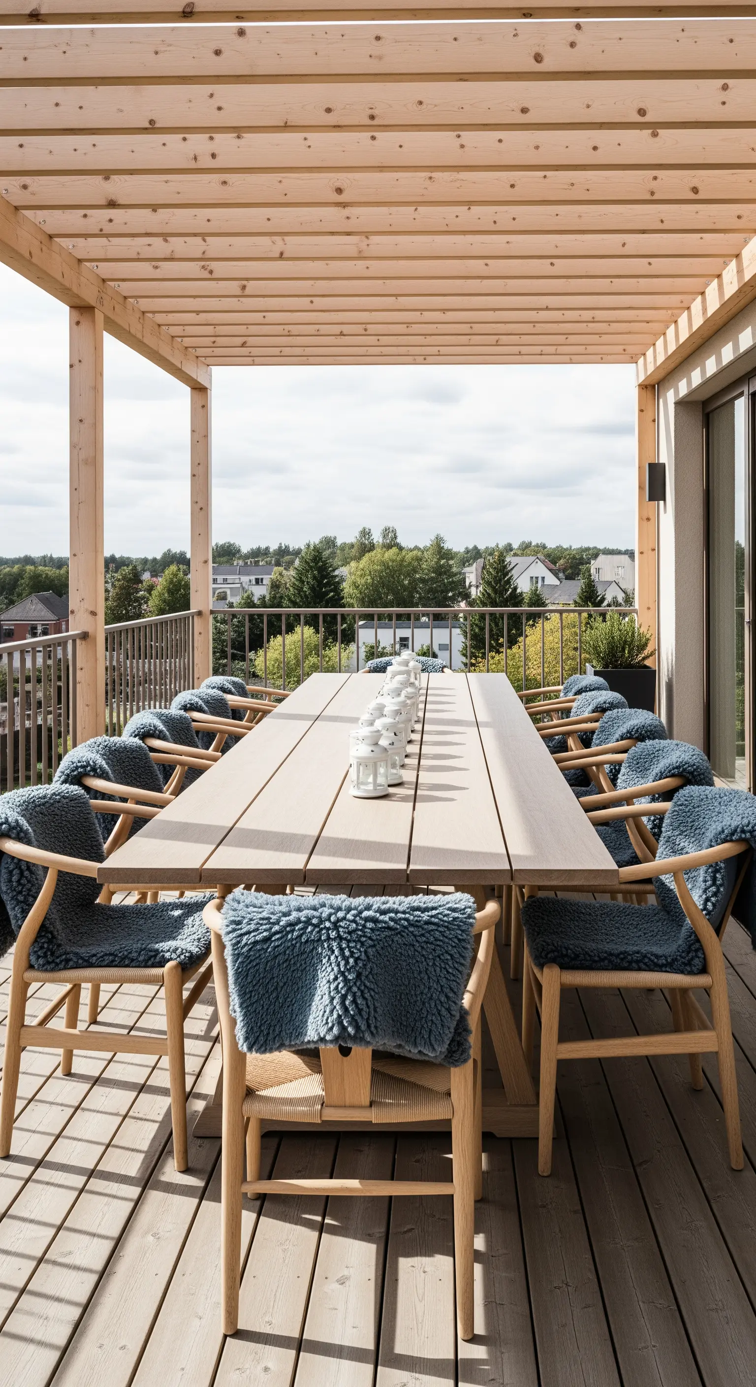 Lungo tavolo da pranzo in legno sotto una pergola, con sedie coperte da pelli blu.