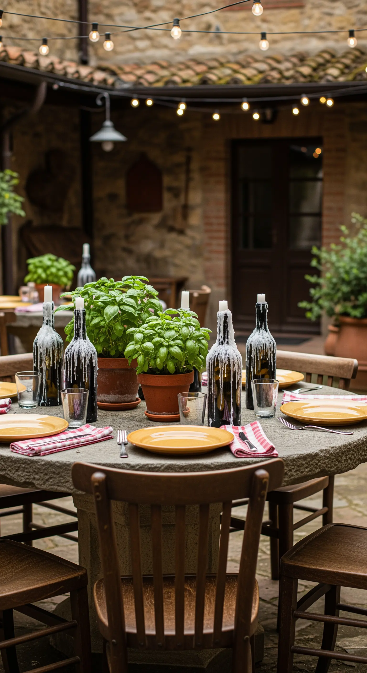 Tavola rustica con vasi di basilico come centrotavola e bottiglie come candelabri.
