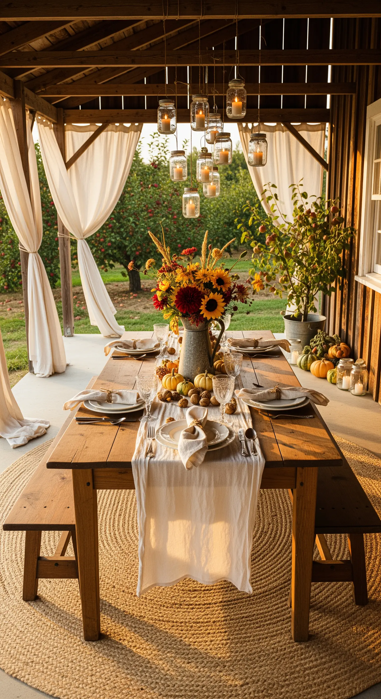 Tavola da pranzo rustica allestita su una veranda, con runner in lino e lampadario di barattoli
