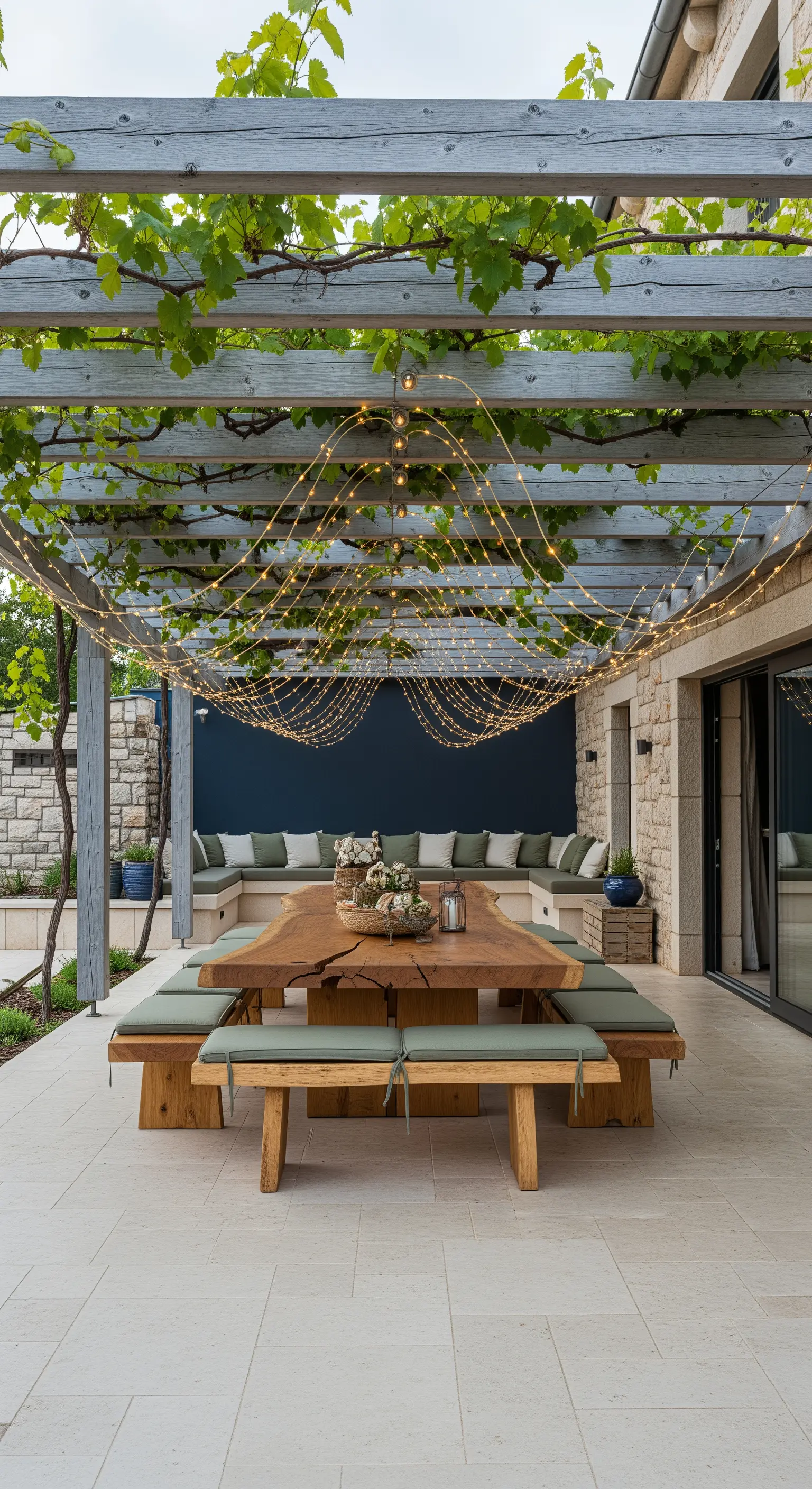 Grande tavolo in legno massiccio con panche e luci a onda sotto un pergolato grigio