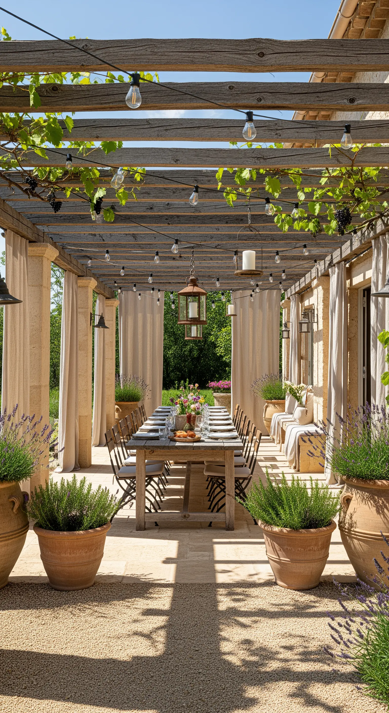 Pergolato in legno con lungo tavolo da pranzo, luci a stringa e tende chiare.