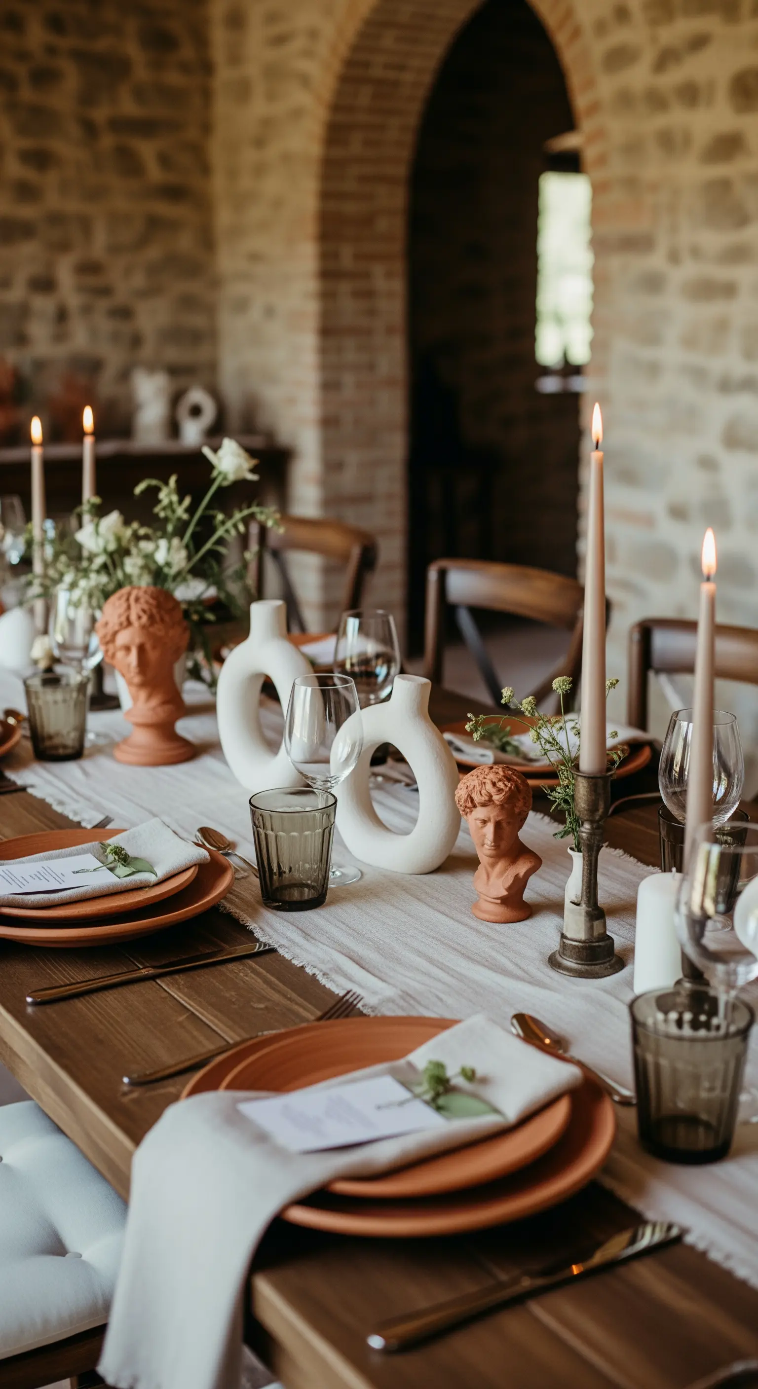 Tavola rustica con piatti in terracotta, vasi scultorei e piccole teste classiche come centrotavola.