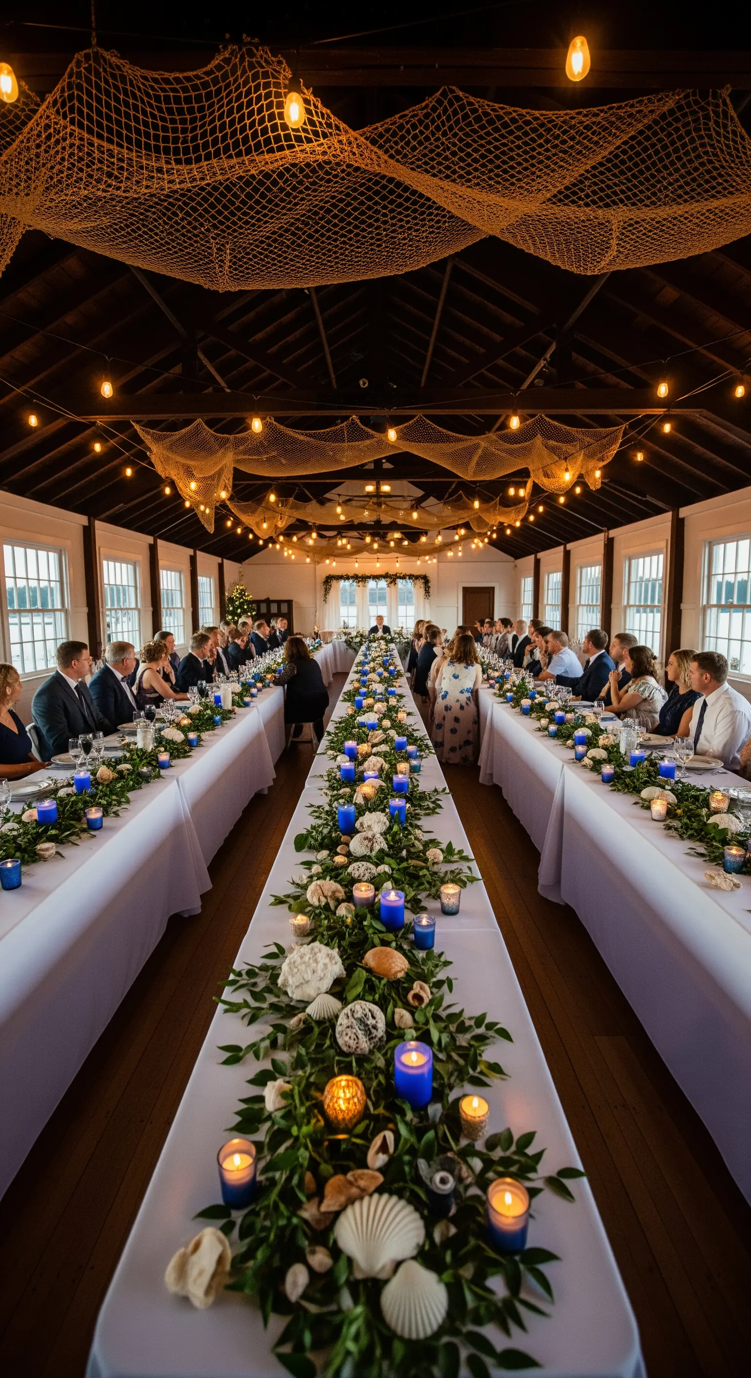 Lunga tavolata imperiale con runner di foglie e conchiglie e candele blu