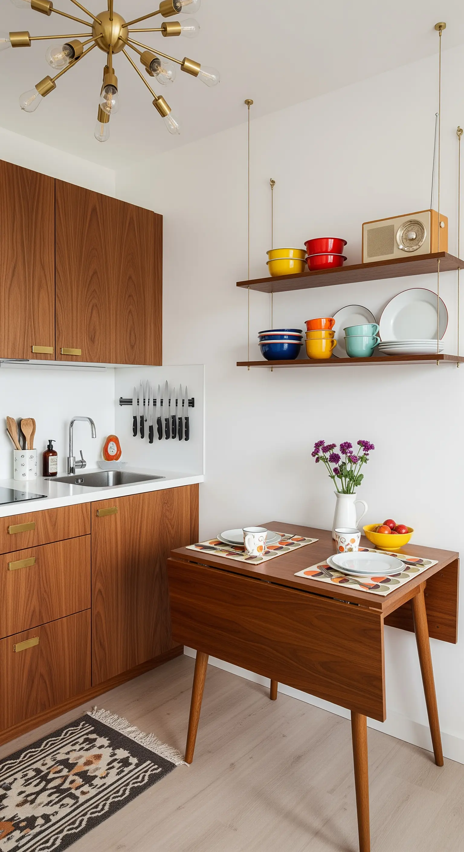 Cucina Mid-Century in noce con tavolo pieghevole abbinato e mensole sospese con dettagli in ottone.