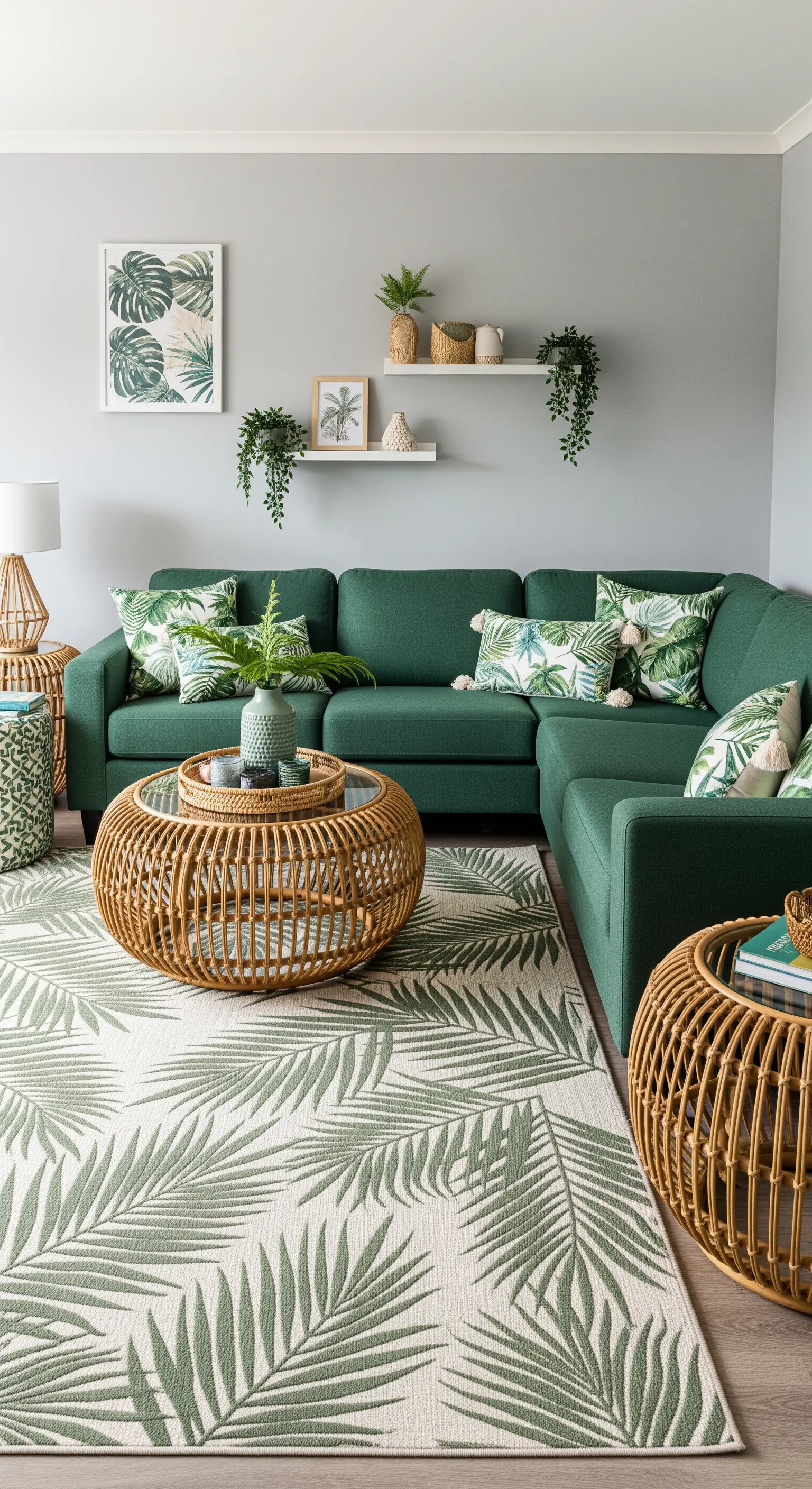 Soggiorno con divano verde, tappeto e cuscini coordinati con motivo a foglie di palma.