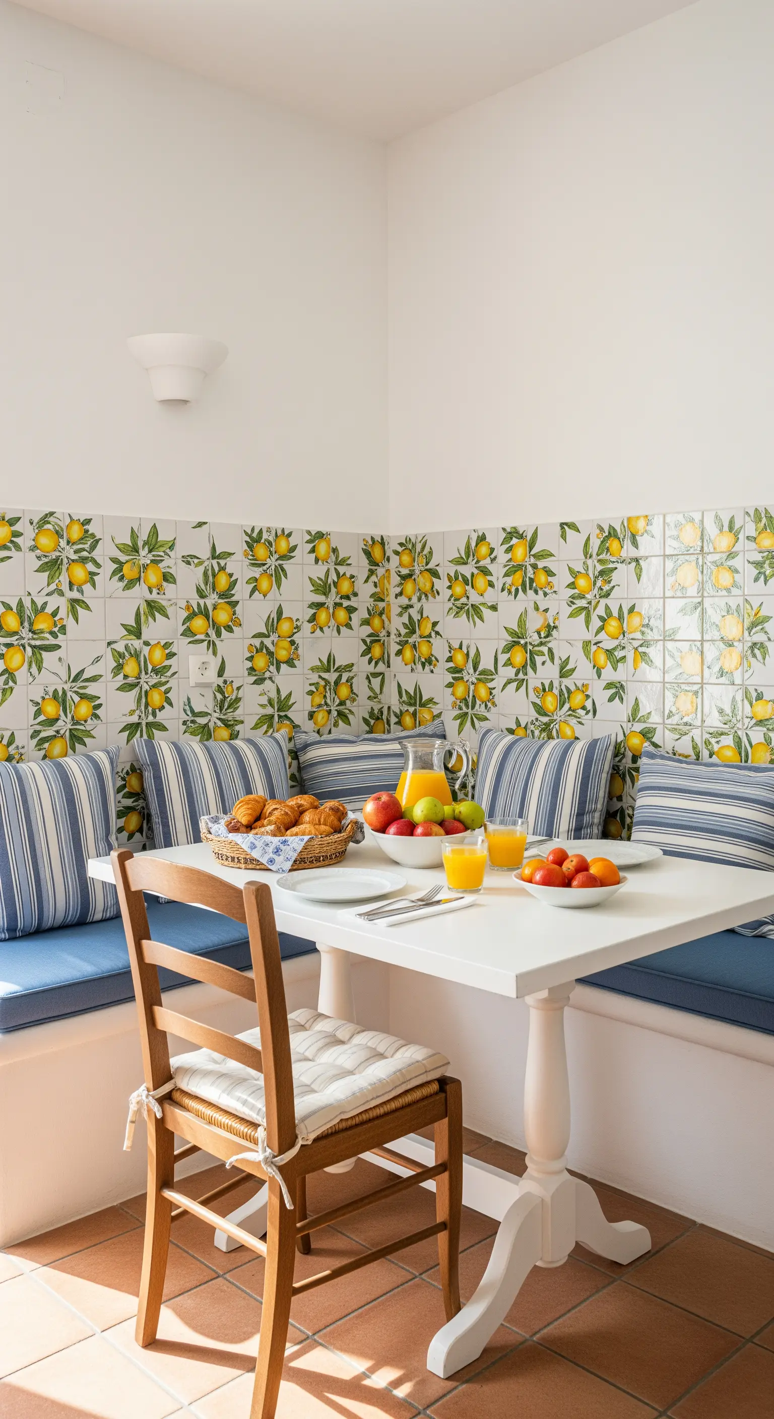 Angolo pranzo con panca, cuscini a righe e parete con maioliche a tema limoni.